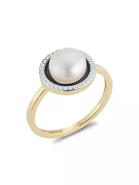 14K Yellow Gold, 7MM Cultured Pearl & Diamond Ring