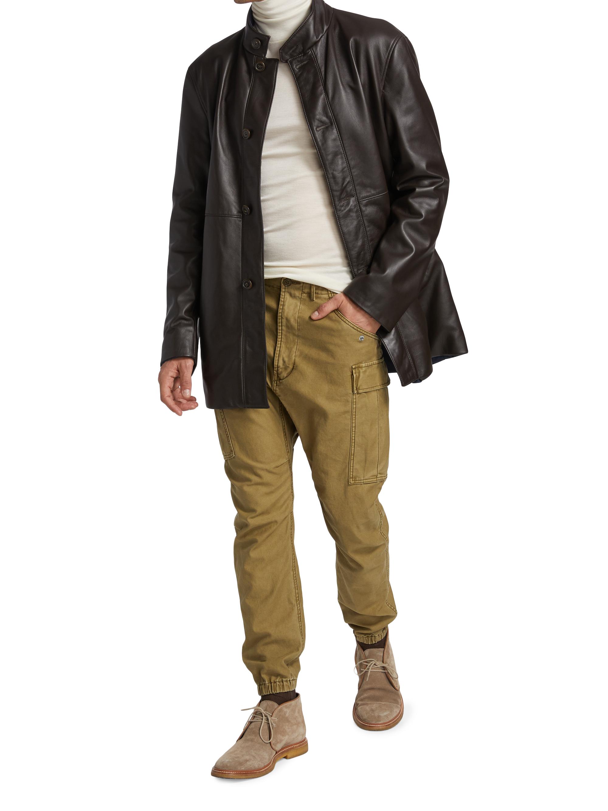 Maximilian Men's Leather Stand Collar Longline Jacket - Brown Navy