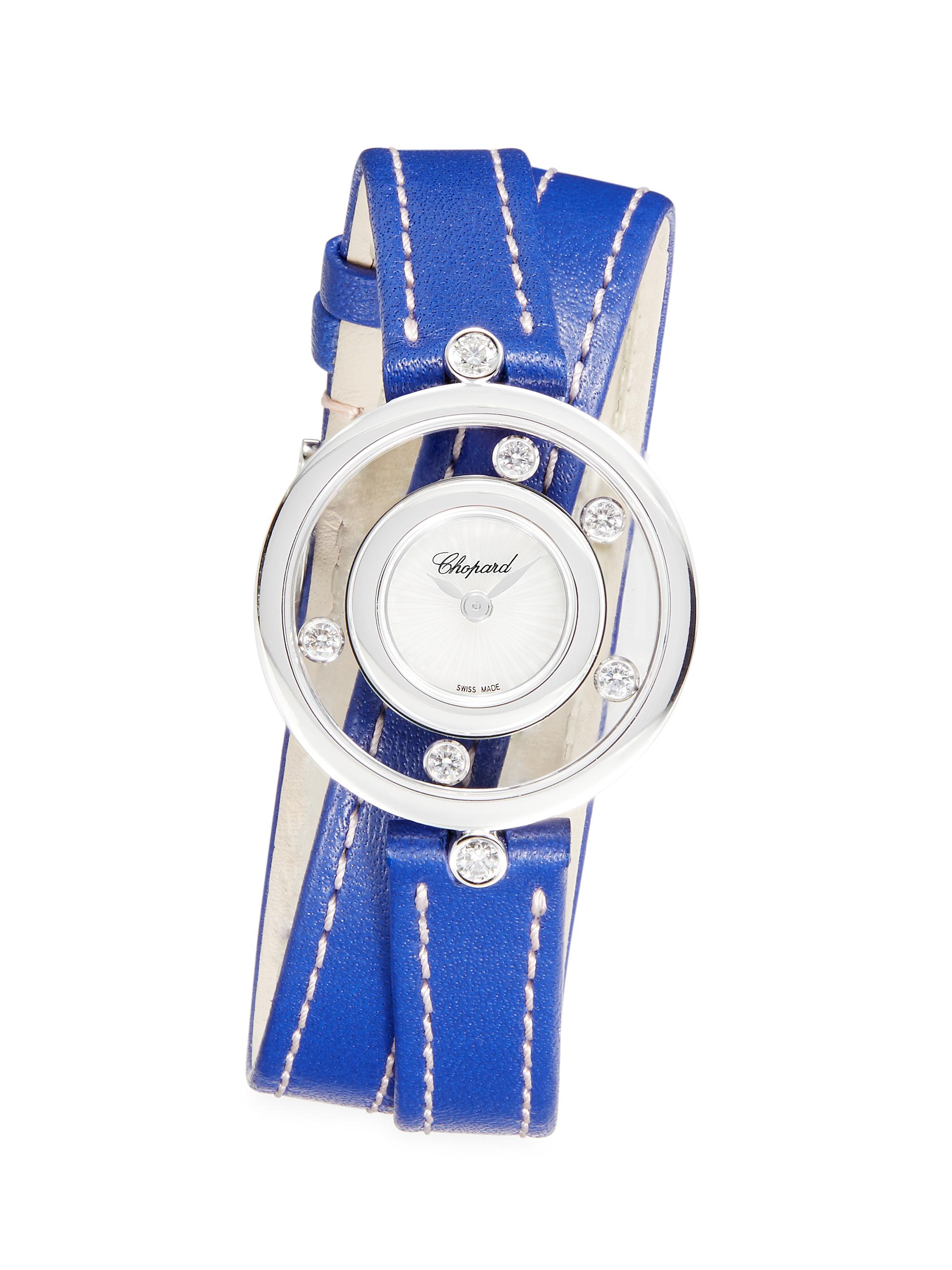 Chopard Women's Happy Diamonds Icons 18K White Gold, Diamond, & Leather Wrap-Strap Watch - Blue