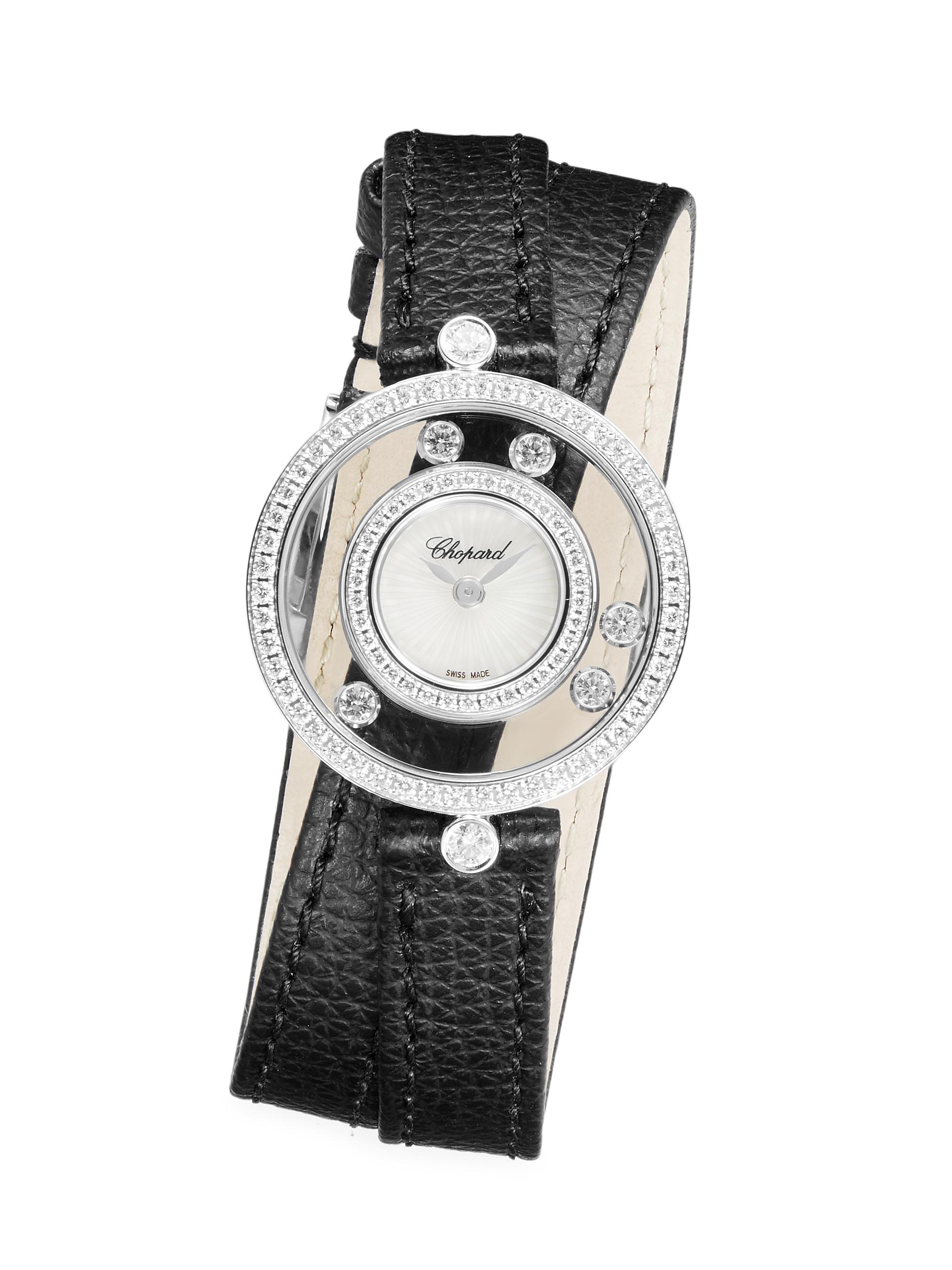 Chopard Women's Happy Diamonds Icons 18K White Gold, Diamond, & Leather Wrap-Strap Watch - Black