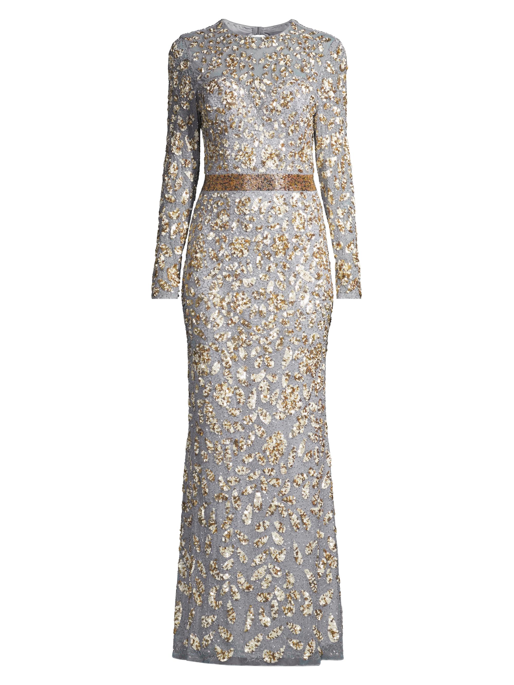 Mac Duggal Women's Beaded Long Sleeve Gown - Platinum Gold