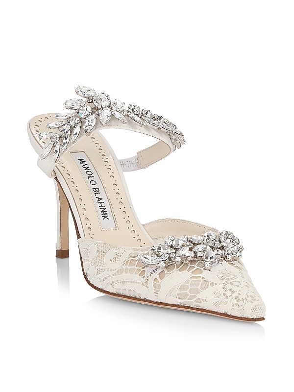 Shop Manolo Blahnik Lurum 90MM Embellished Lace Mules | Saks Shop Manolo Blahnik Lurum 90MM Embellished Lace Mules | Saks