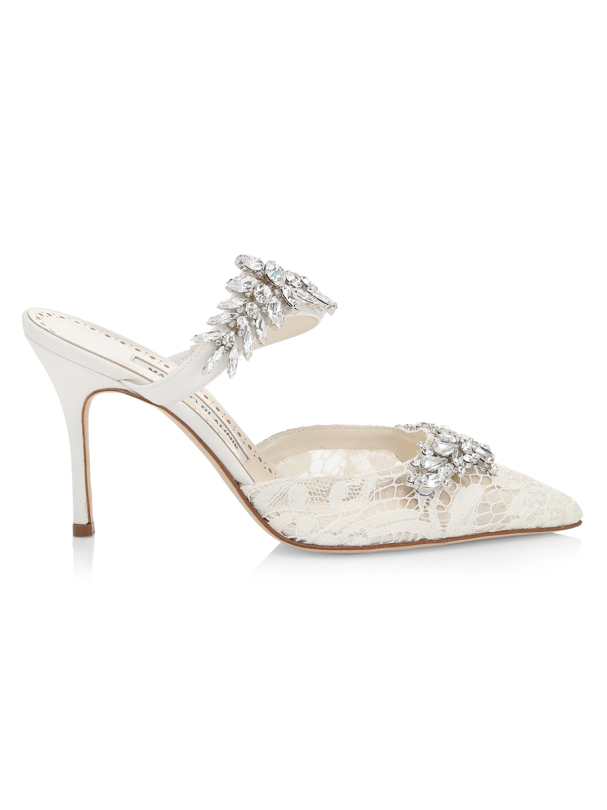 Manolo Blahnik Lurum 90MM Embellished Lace Mules | Saks Fifth Avenue
