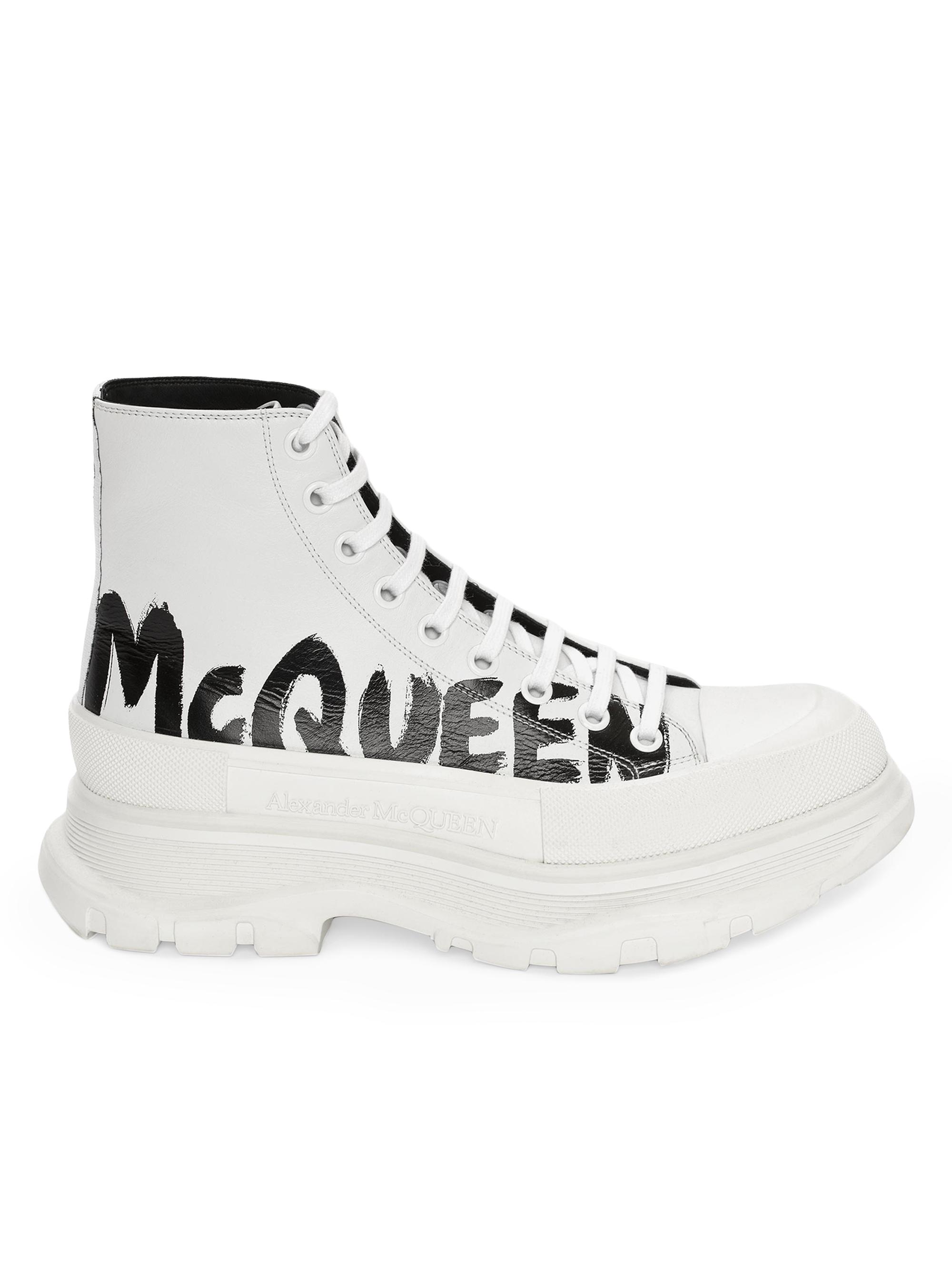 McQueen Men's Graffiti Tread Slick Leather Boots - White Black