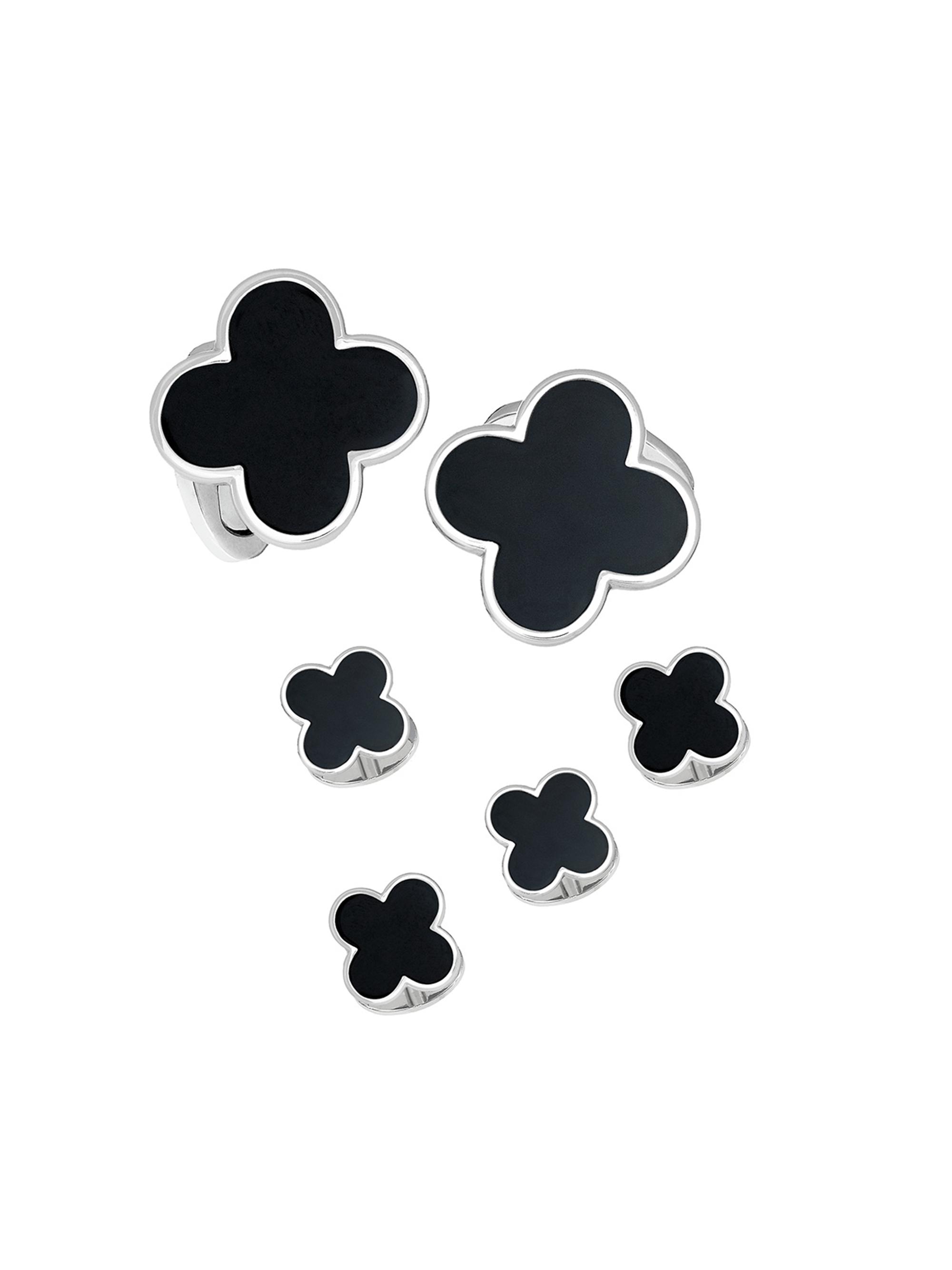 Jan Leslie Men's Clover Rhodium-Plated Black Onyx 6-Piece Cufflinks & Shirt Stud Set - Black