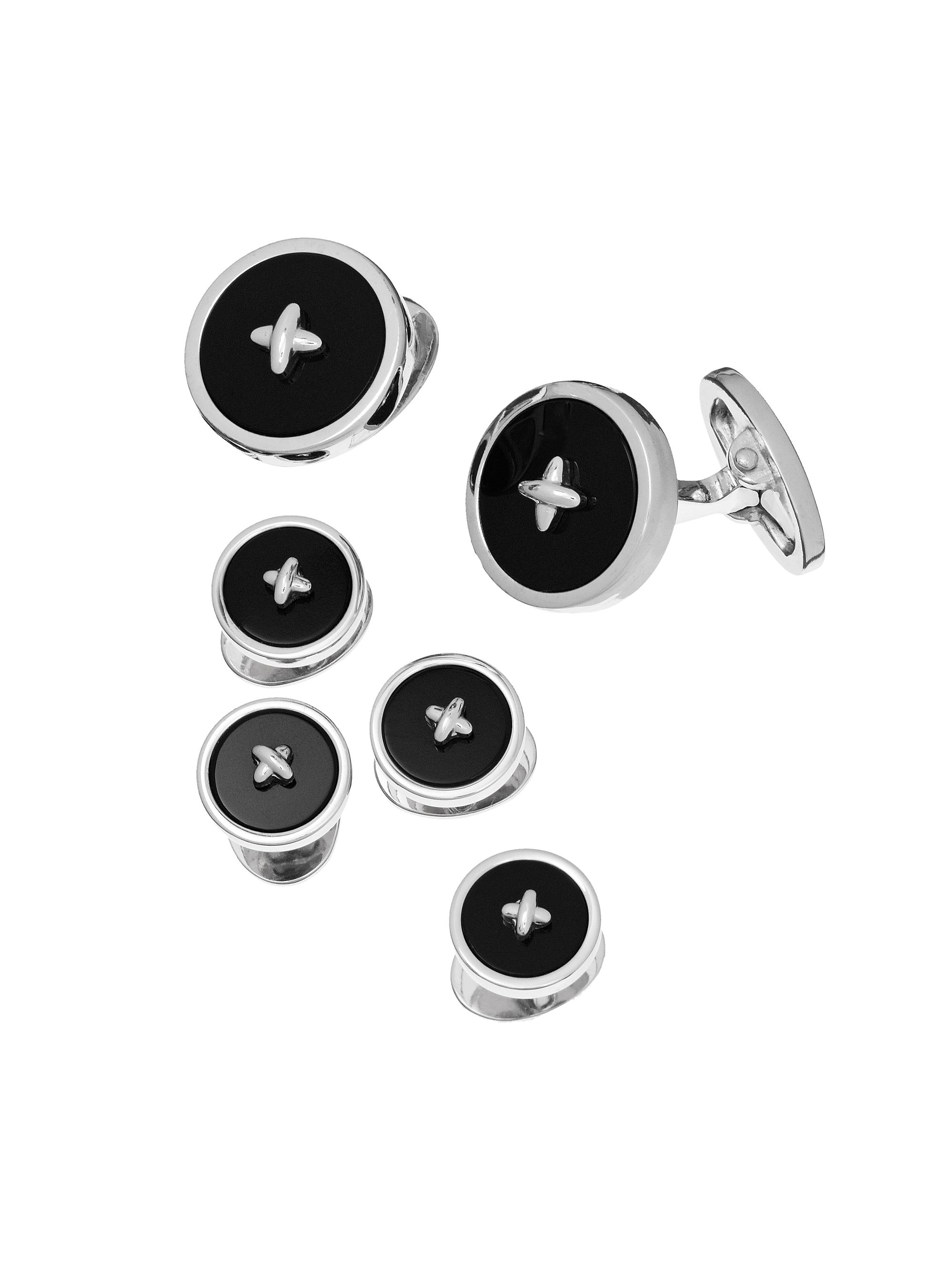 Jan Leslie Men's Button Rhodium-Plated Black Onyx 6-Piece Cufflinks & Shirt Stud Set