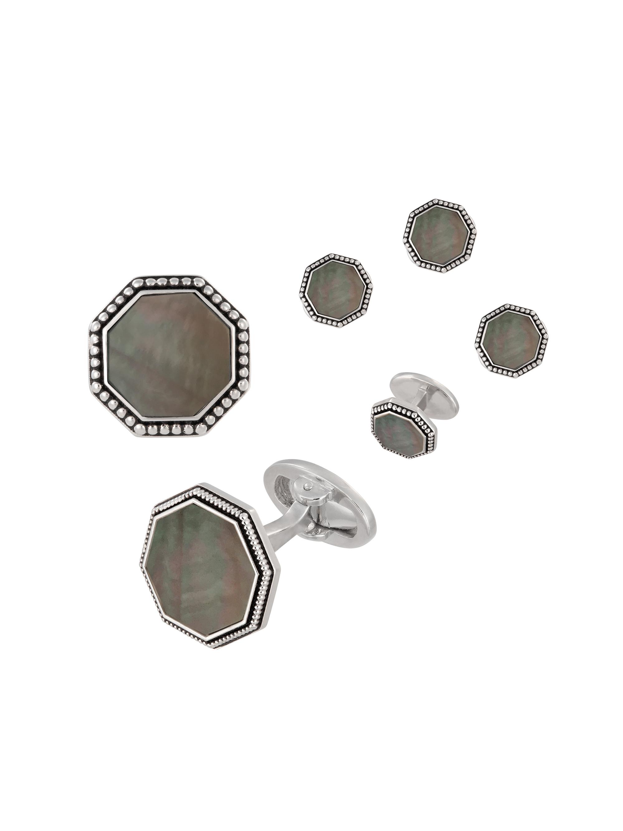 Jan Leslie Men's Octagon Gray Mother-Of-Pearl Rhodium-Plated 6-Piece Cufflinks & Tuxedo Stud Set
