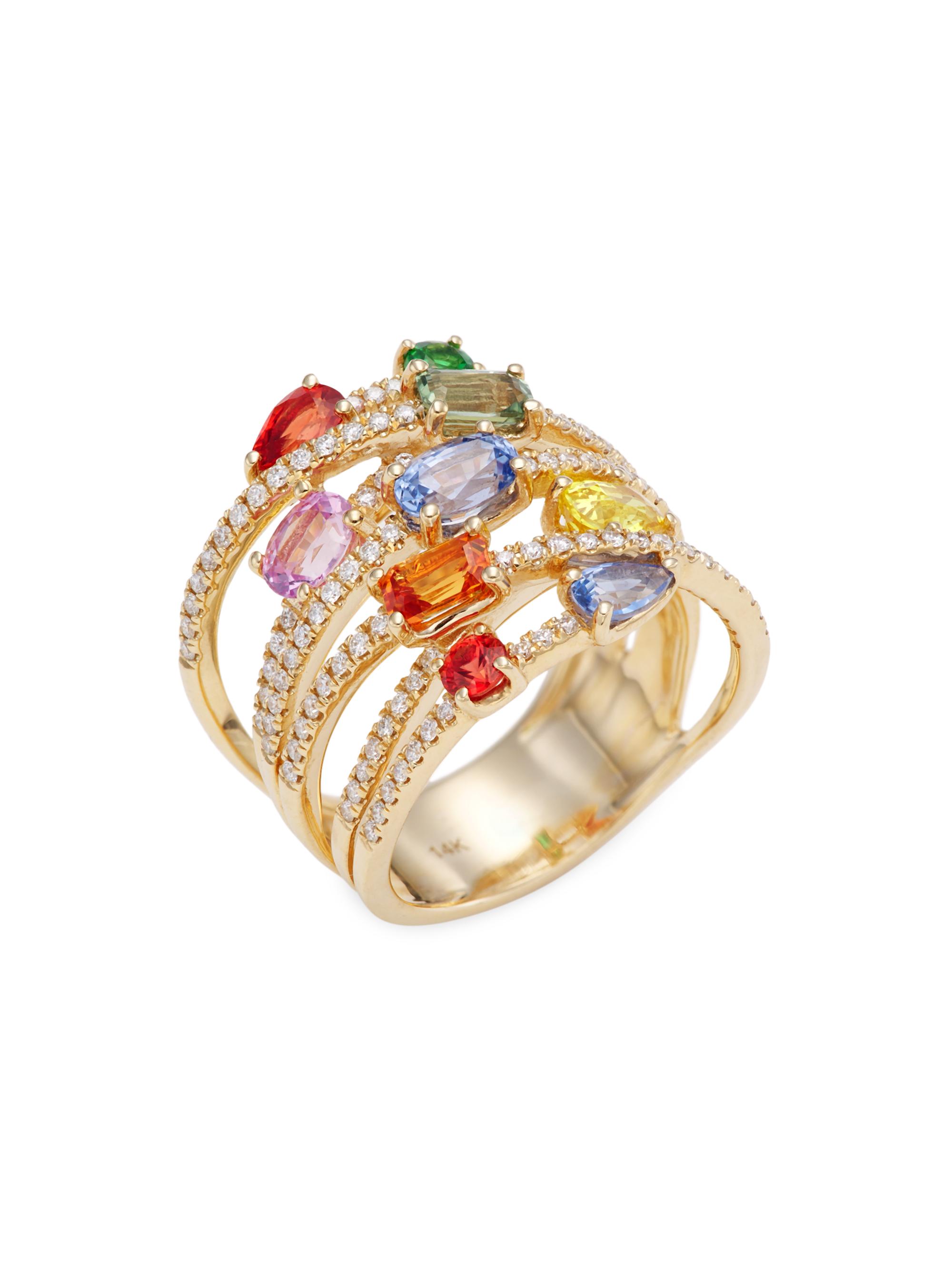Saks Fifth Avenue Collection Women's 14K Gold, Diamond & Rainbow Sapphire Stacked Ring - Yellow Gold