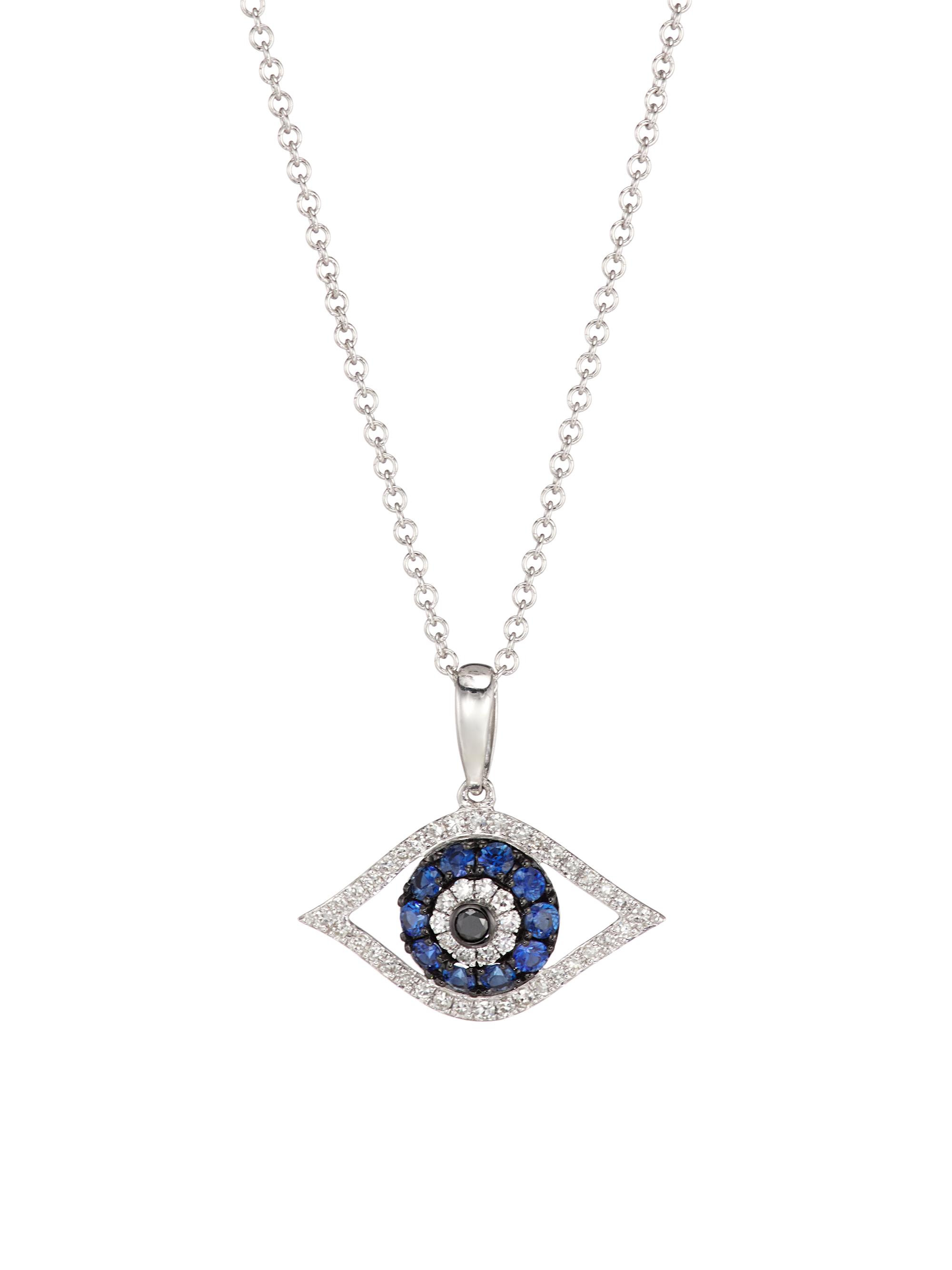 Saks Fifth Avenue Collection Women's 14K White Gold, 0.14 TCW Diamond & Sapphire Evil Eye Pendant Necklace - White Gold