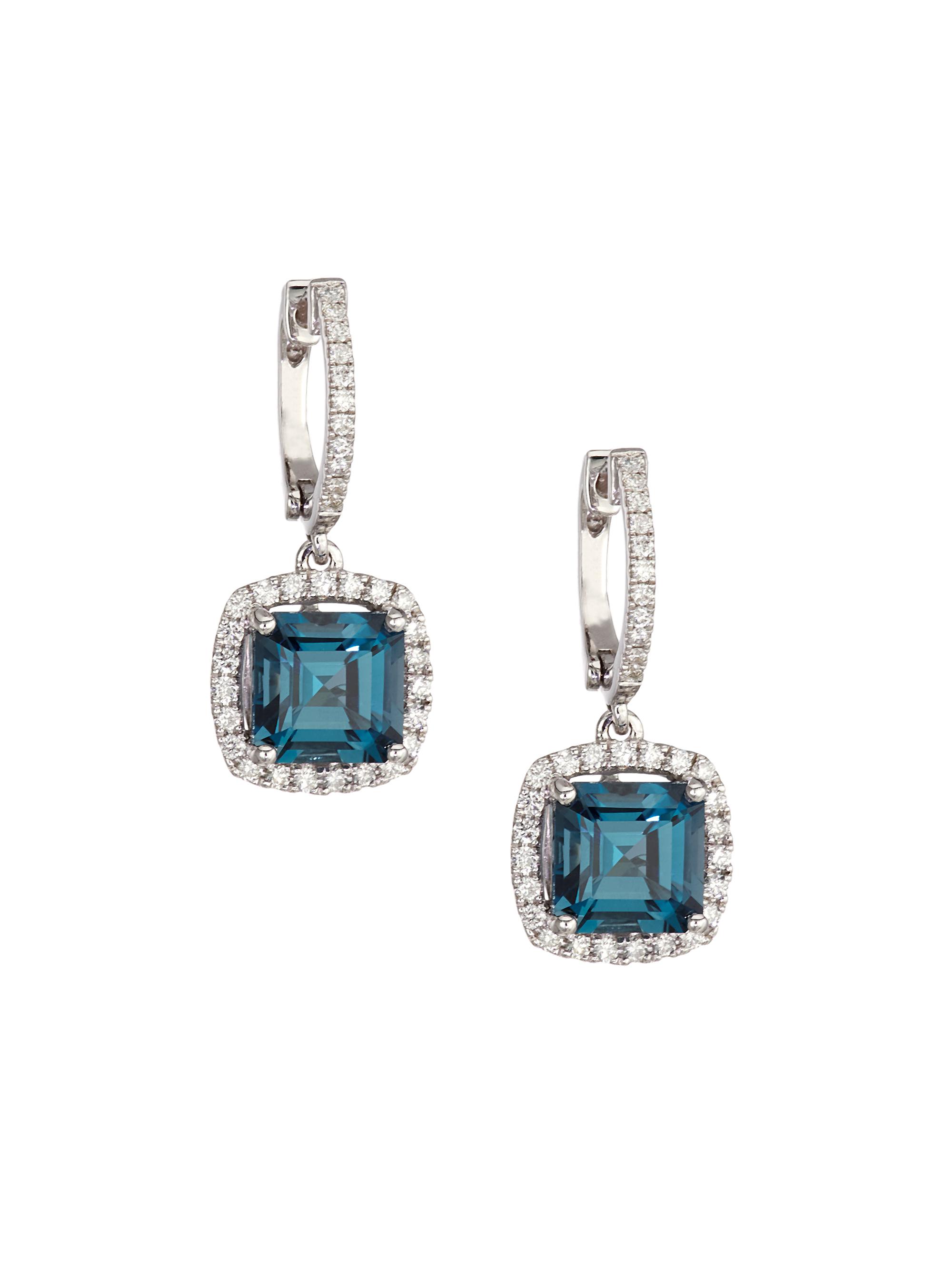 Saks Fifth Avenue Collection Women's 14K White Gold, London Blue Topaz & Diamond Cushion Drop Earrings - Blue Topaz