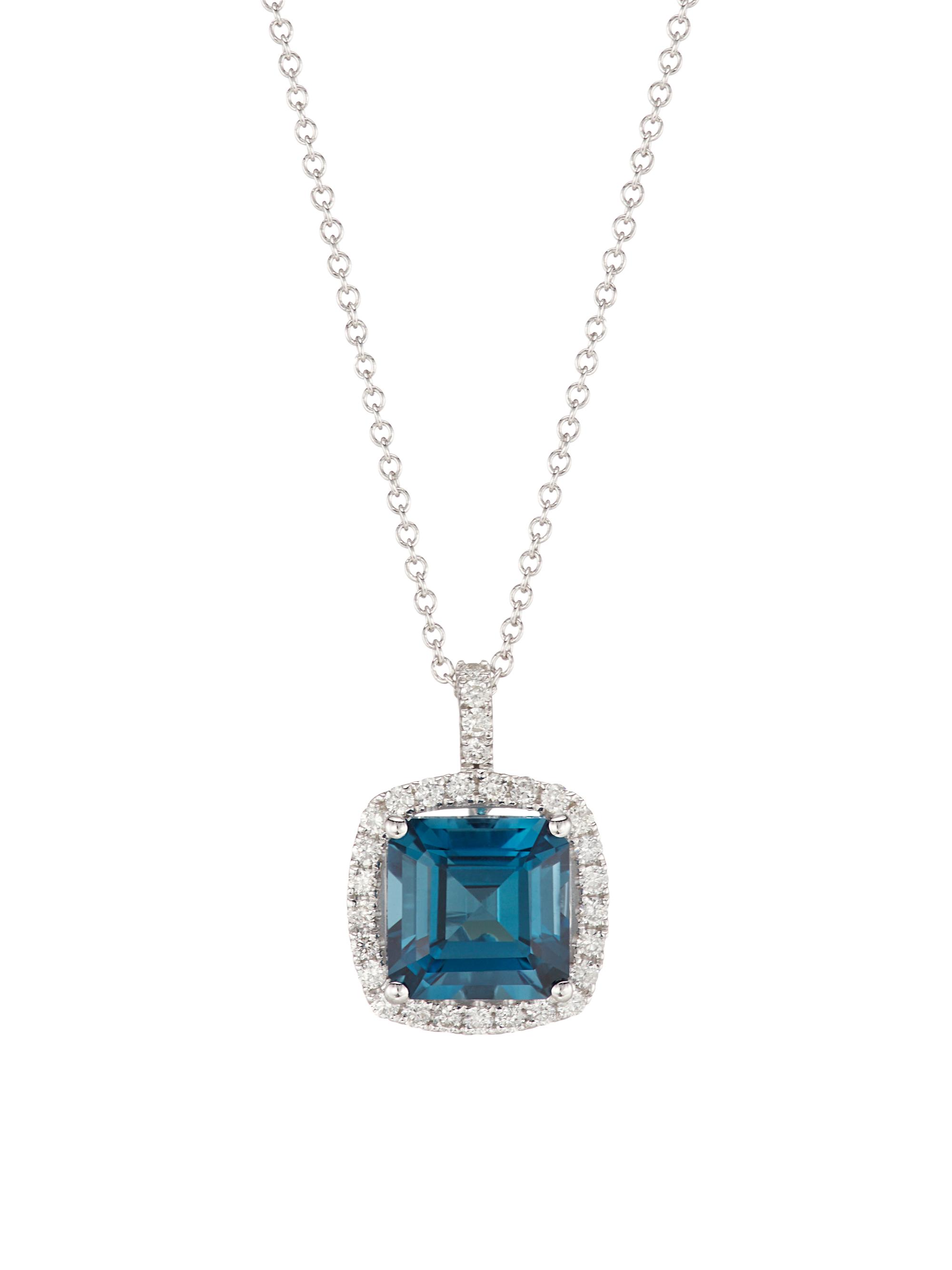 Saks Fifth Avenue Collection Women's 14K White Gold, London Blue Topaz & 0.35 TCW Diamond Cushion Pendant Necklace - Blue Topaz