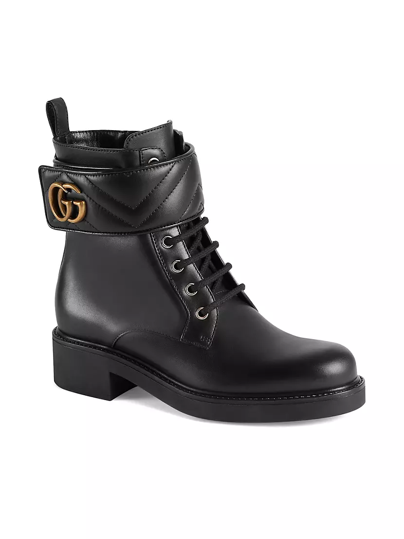 Double G Leather Trimmed Lace Up Boots in Multicoloured - Gucci