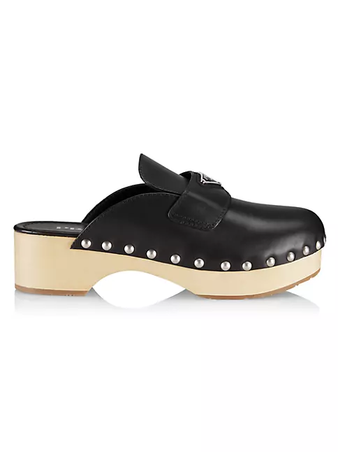 Dior Black Leather Lock Charm Wooden Clogs Size 40.5 Dior