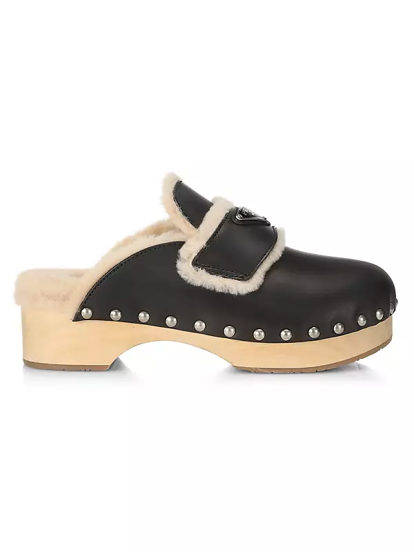Shop Prada Shearling-Lined Leather Clogs