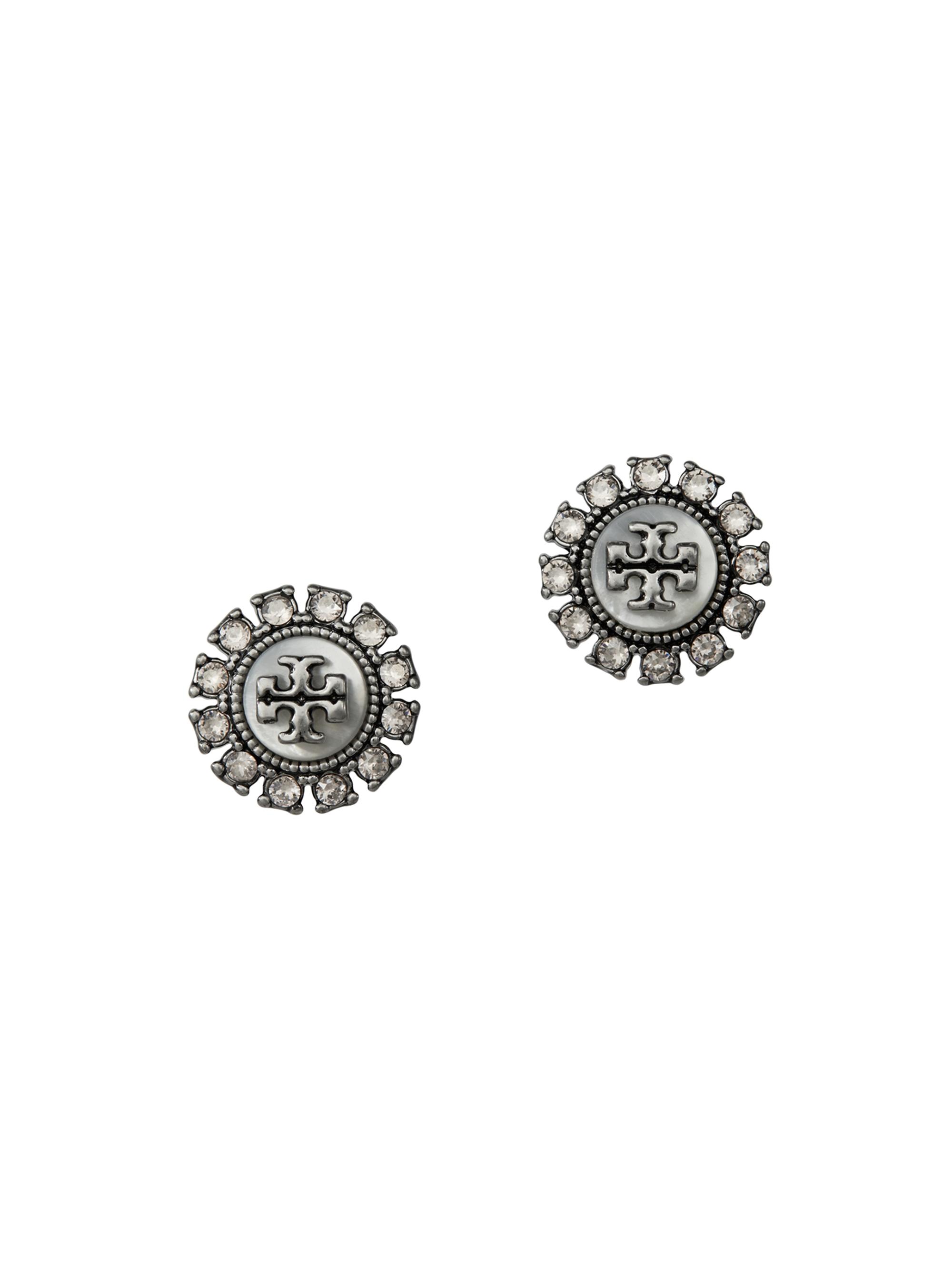 Tory Burch Women's Kira Silvertone, Mother-Of-Pearl & Crystal Logo Stud Earrings - Antique Pewter