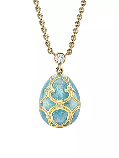 Heritage 18K Yellow Gold, Diamond & Turquoise Guilloché Enamel Petite Egg Pendant Necklace