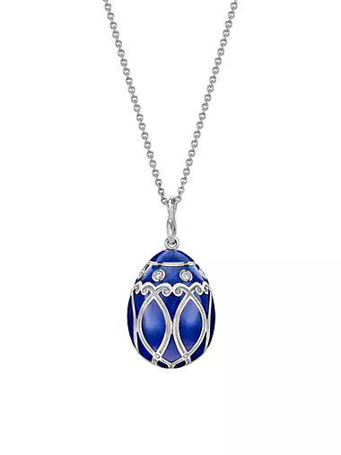 Heritage Yelagin 18K White Gold, Diamond & Royal Blue Guilloché Enamel Petite Egg Pendant Necklace