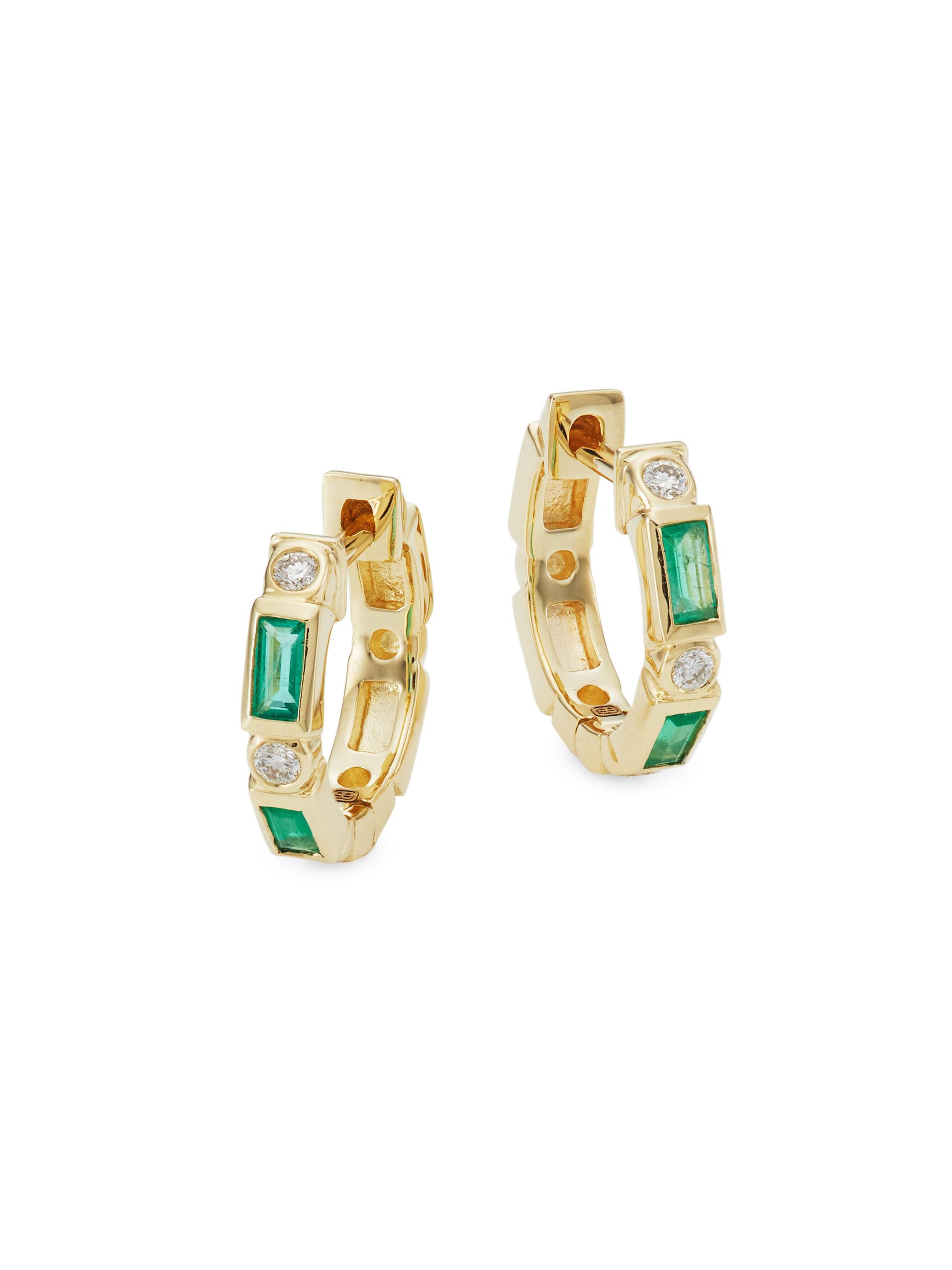 Sydney Evan Women's 14K Yellow Gold, Diamond, & Emerald Huggie Hoop Earrings
