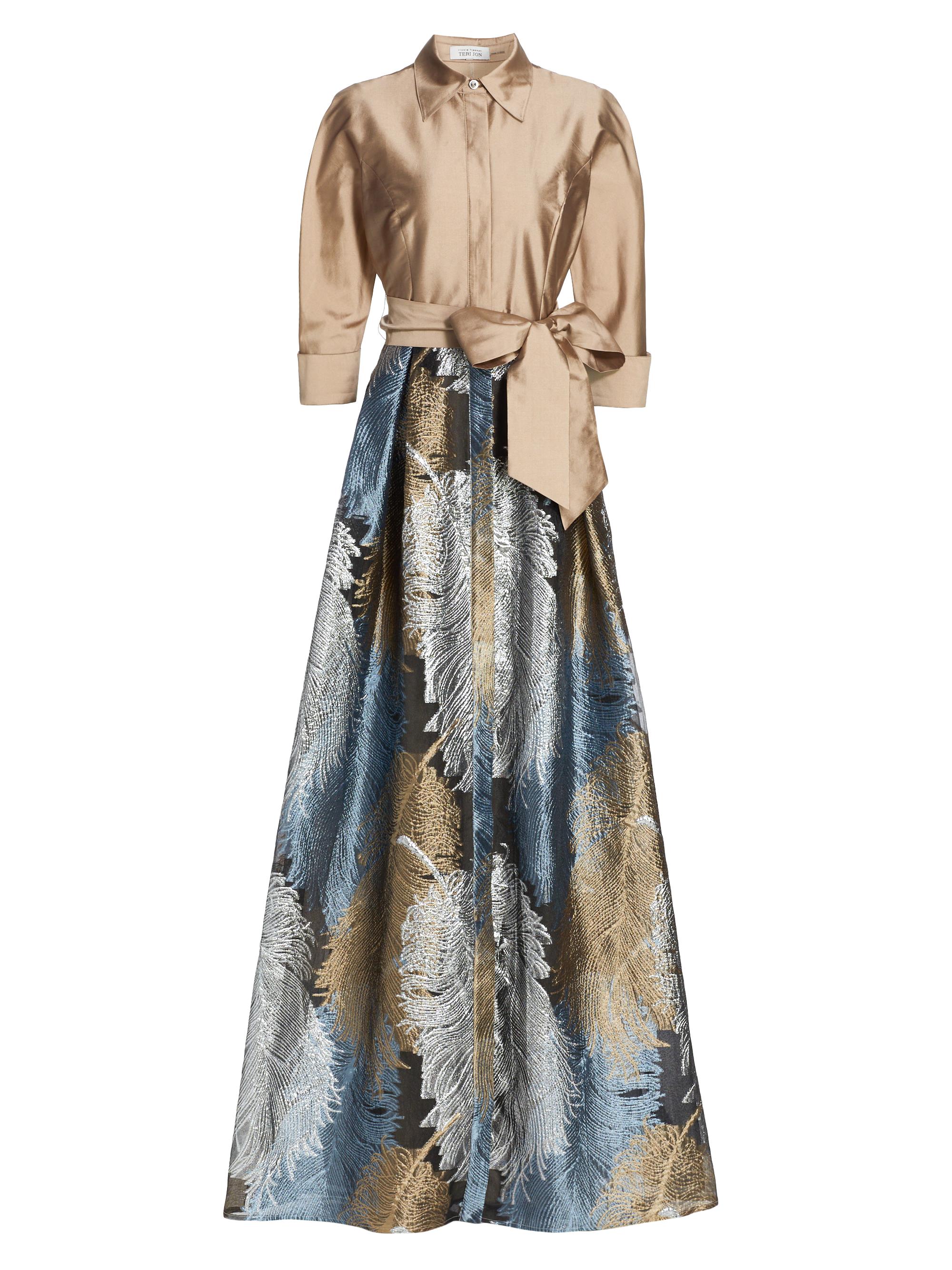 Teri Jon by Rickie Freeman Women's Two-Tone Feather Jacquard Shirt Gown - Gold Multi
