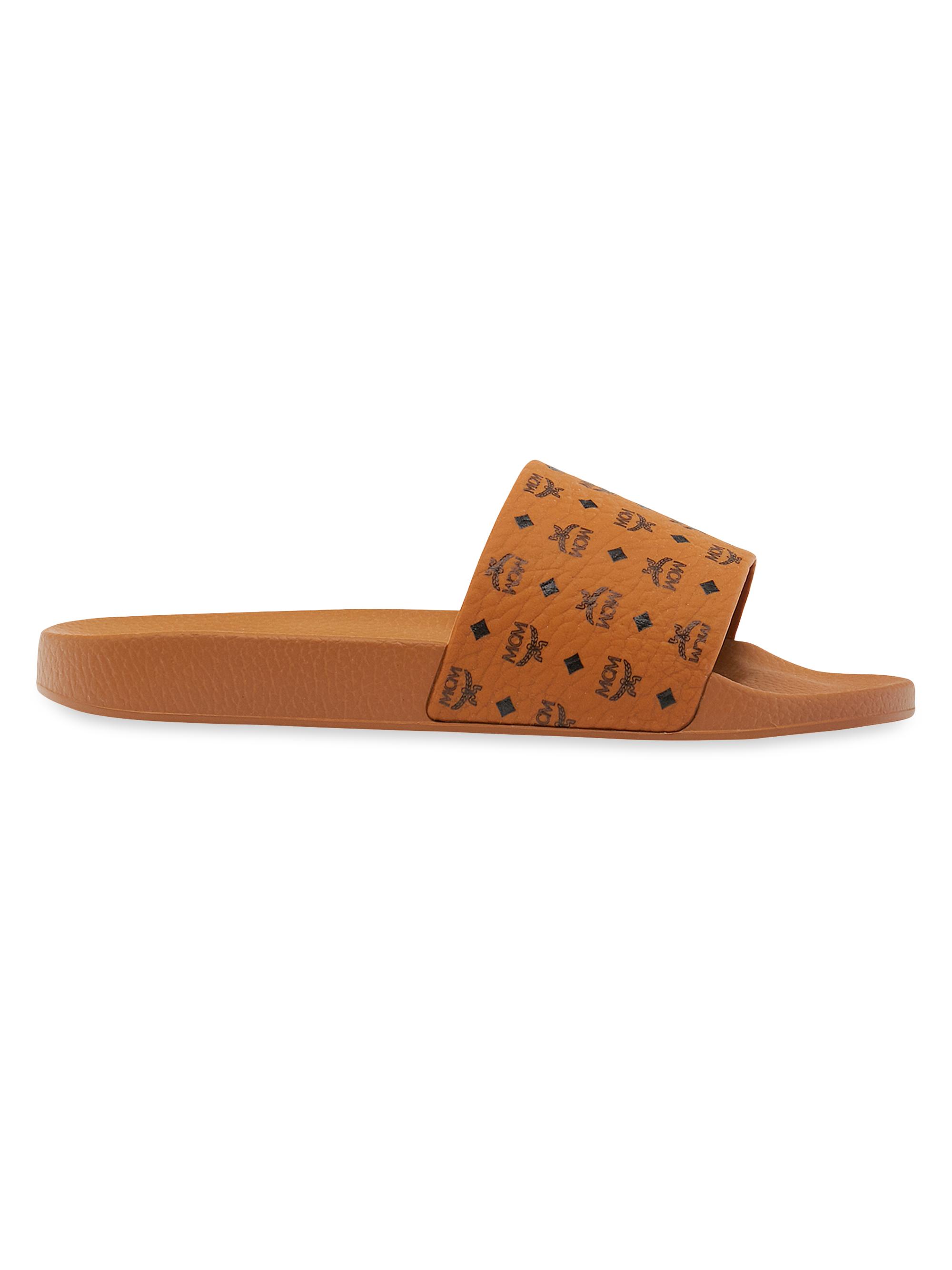 MCM Men's Monogram Logo Slip-On Sandals - Cognac