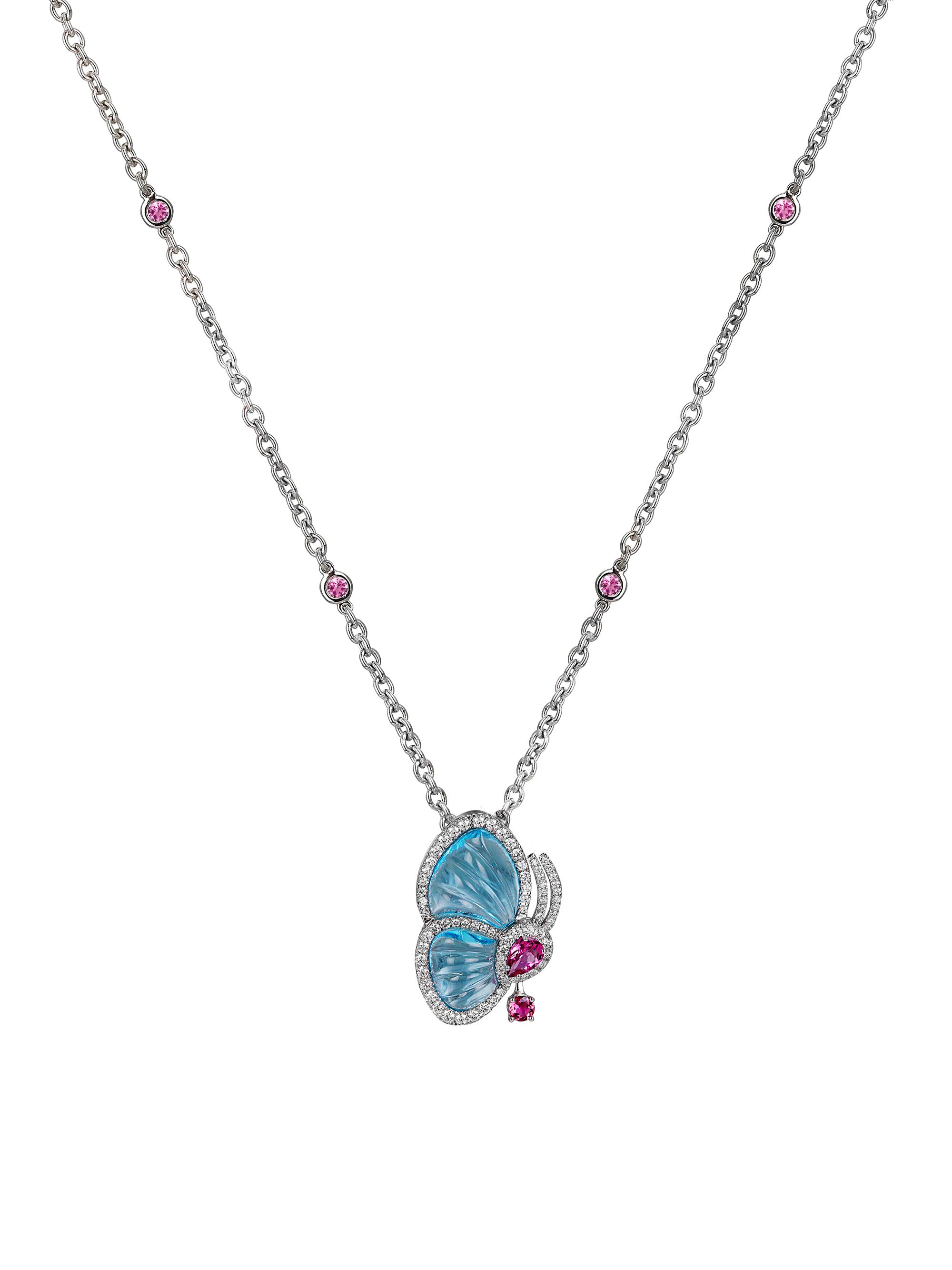 Jacob & Co. Women's Papillon 18K White Gold, Diamond, Blue Topaz & Pink Tourmaline Necklace