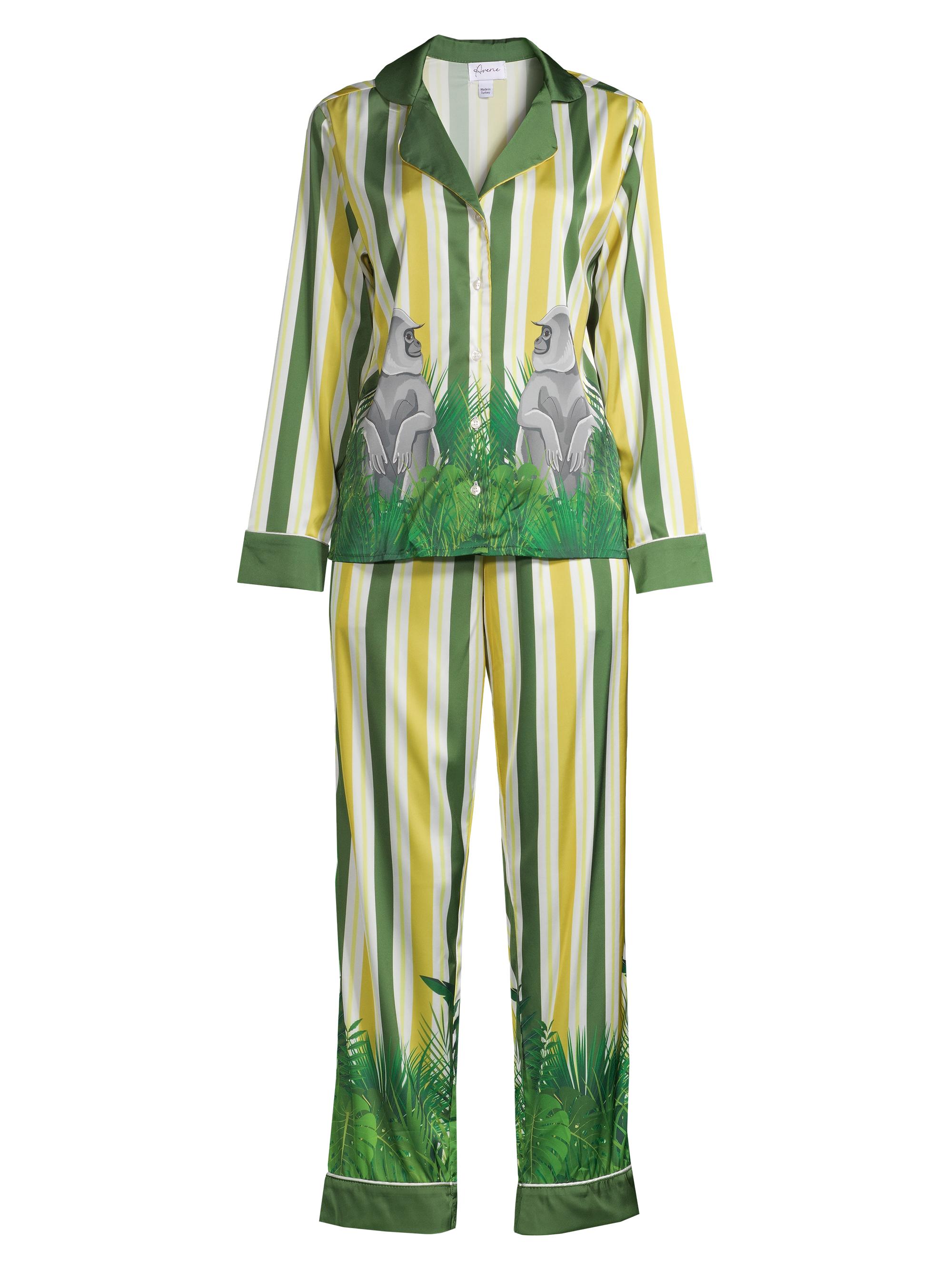 Averie Women's Two-Piece Stripes & Jungle Print Pajama Set - Olive Gold