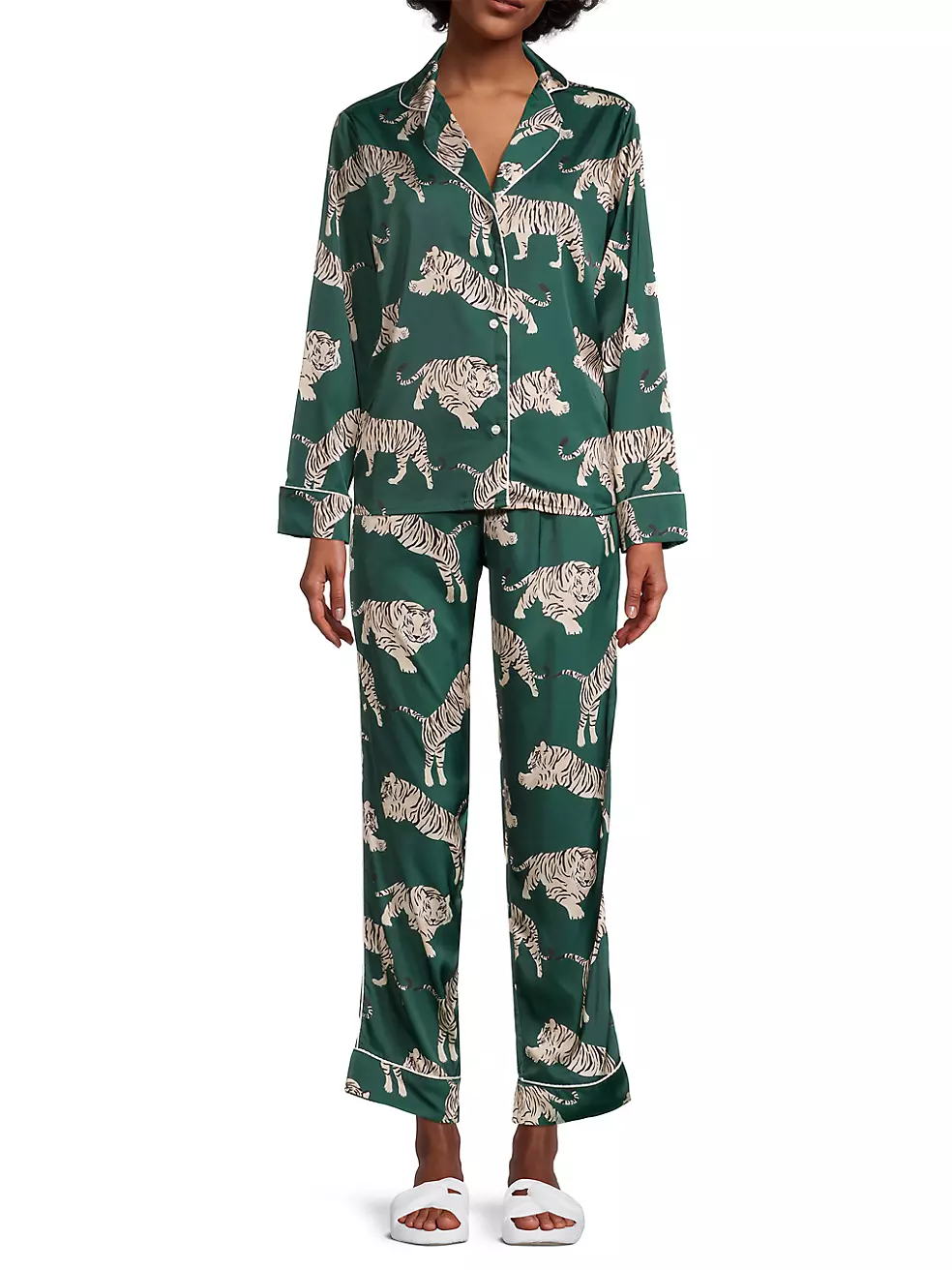 Womens Sleepwear Long Sleeve Collar Shirt and Long Pant 2-Piece Pajama Set  - Tiger Animal Print