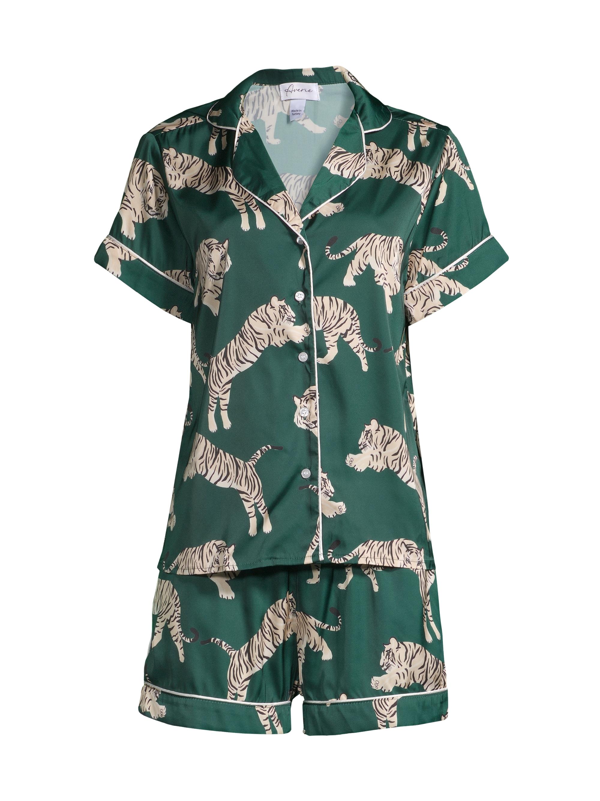 Averie Women's Two-Piece Tiger Print Shorts Pajama Set - Emerald Green