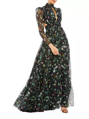 Mac Duggal Women's Floral-Print Chiffon Gown - Black Floral