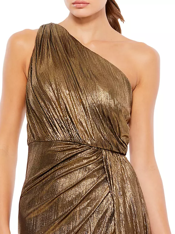 leena Metallic Asymmetric Wrap Gown