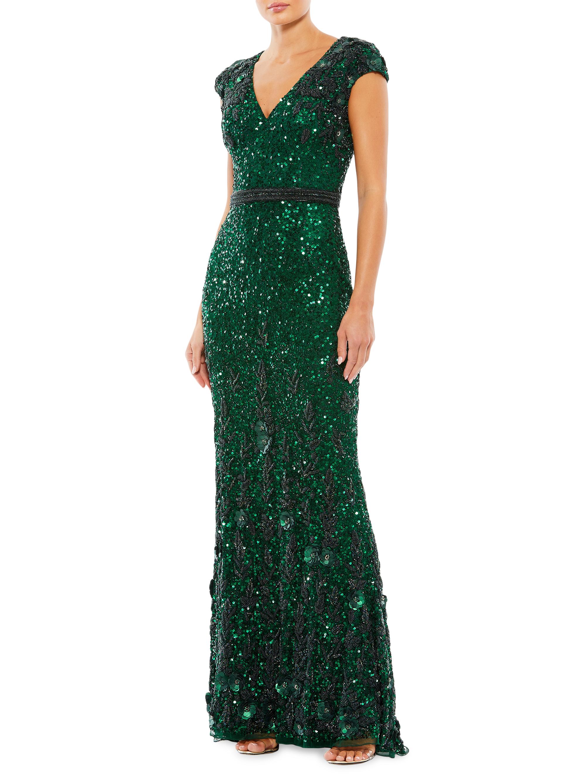 Mac Duggal Women's Metallic A-Line Gown - Bottle Green