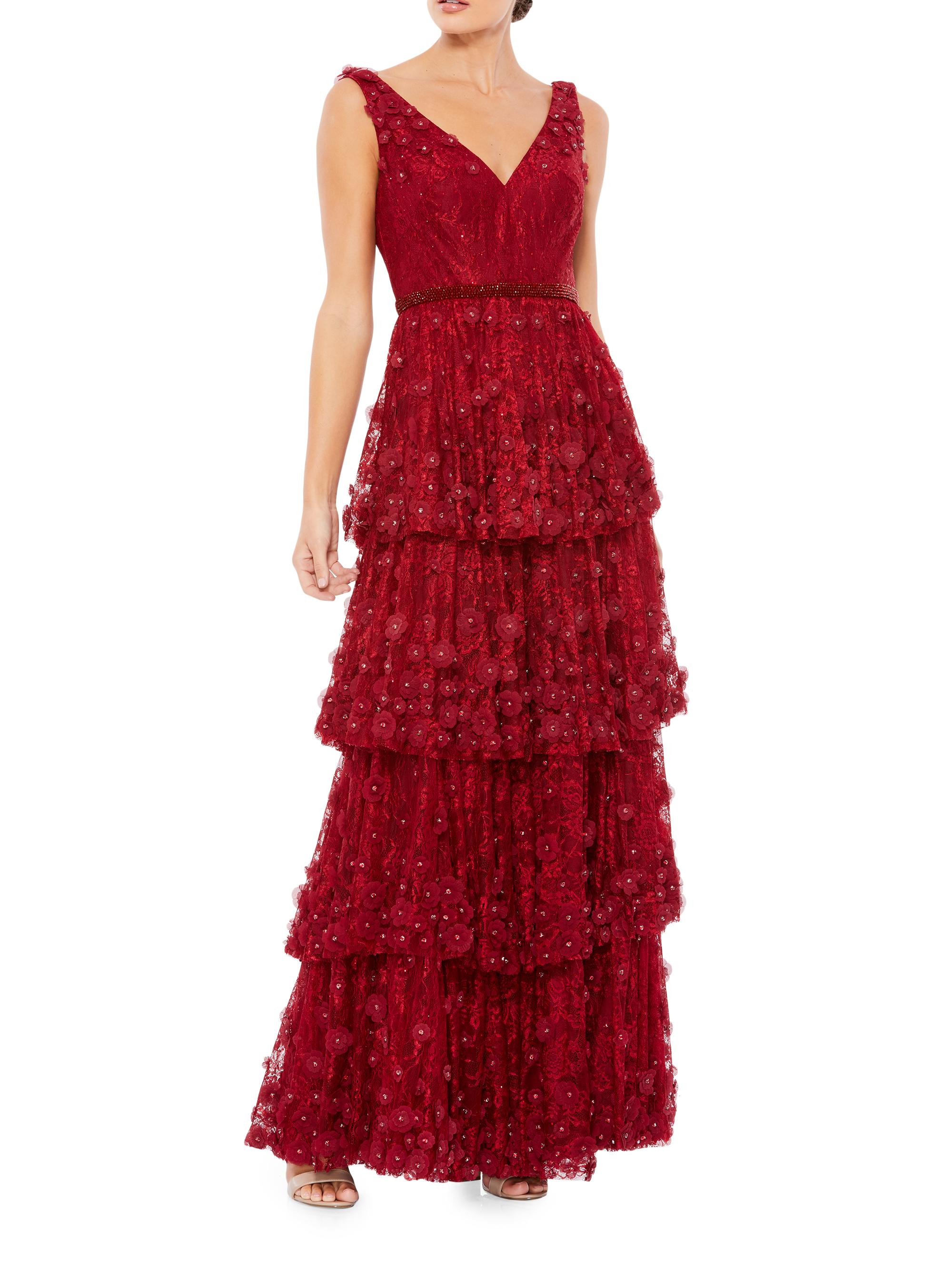Mac Duggal Women's Floral Tiered Gown - Burgundy