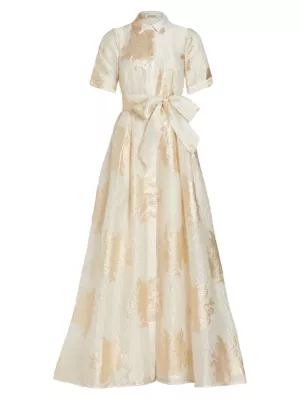 Teri Jon by Rickie Freeman Women's Brocade Organza Tie Waist Gown - Champagne