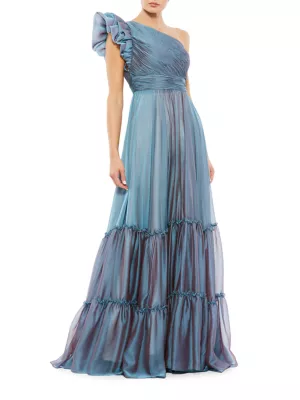 Mac Duggal Women's One-Shoulder Tiered Chiffon Gown - Fusion Blue