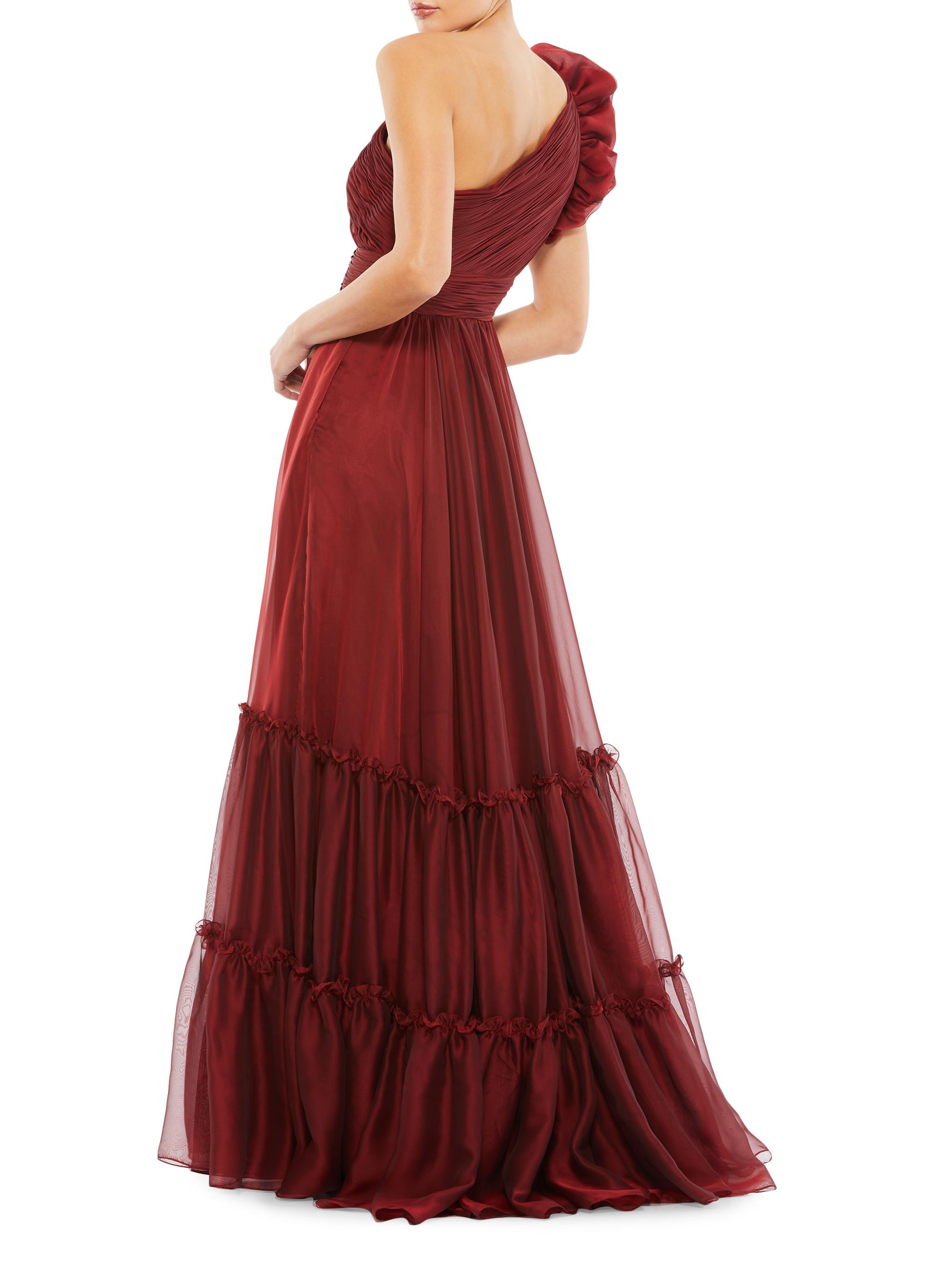 one shoulder tiered chiffon dress Mac Duggal One-Shoulder Tiered Chiffon Gown