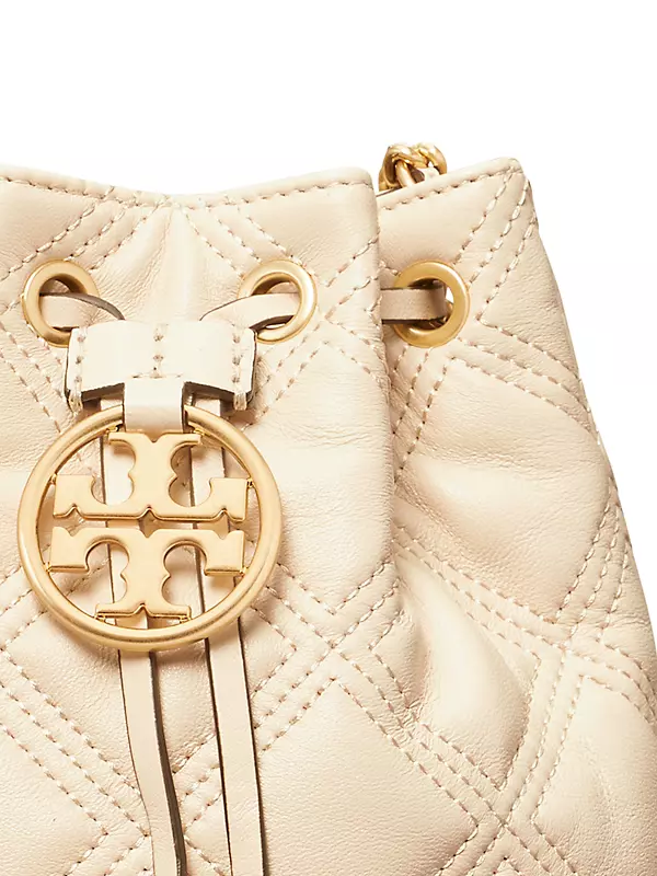 Tory Burch Mini Fleming Straw & Leather Bucket Bag in Natural