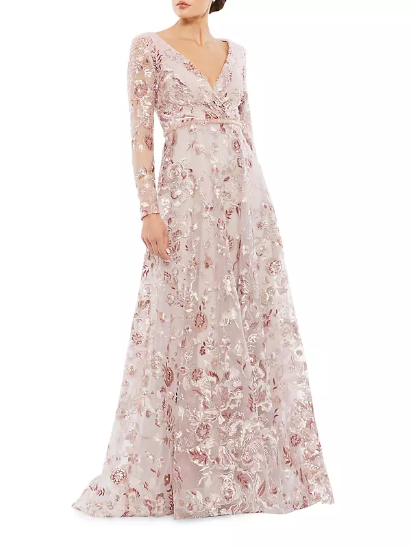 Floral-Embroidered A-Line Gown