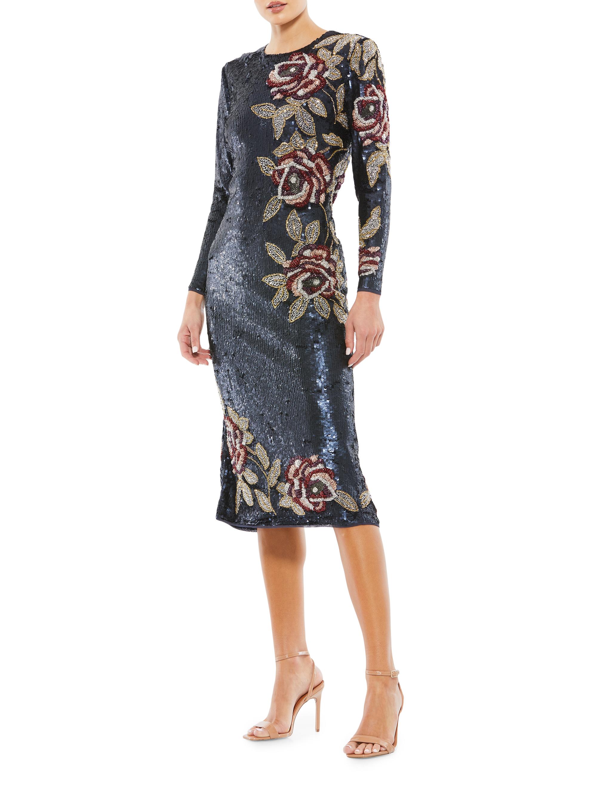 knee length dresses for ladies Sequin Floral Dress Midi Cocktail Mac Duggal 6162 main image 1