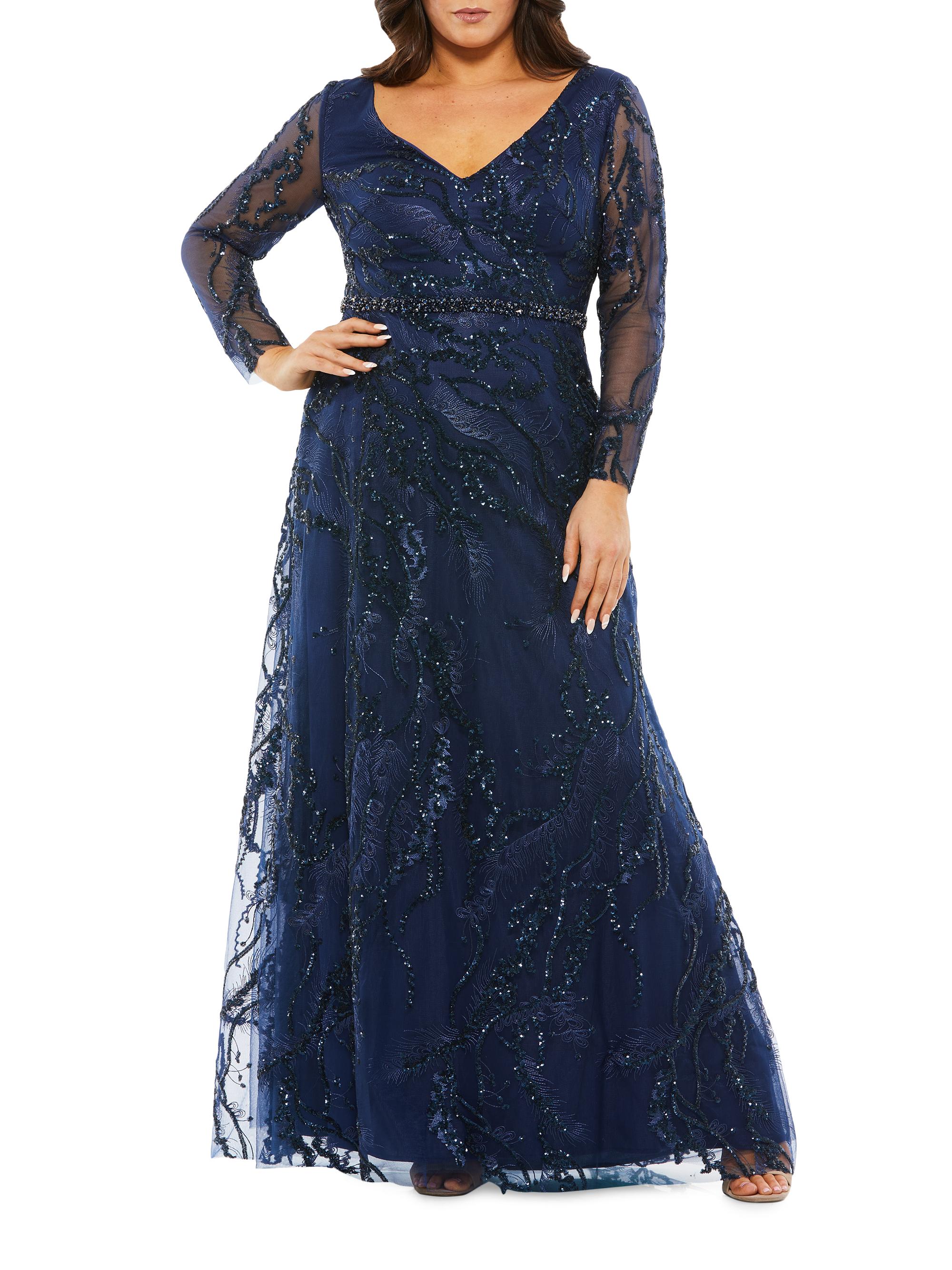 Mac Duggal Women's Plus Size Beaded Feather A-Line Gown - Midnight