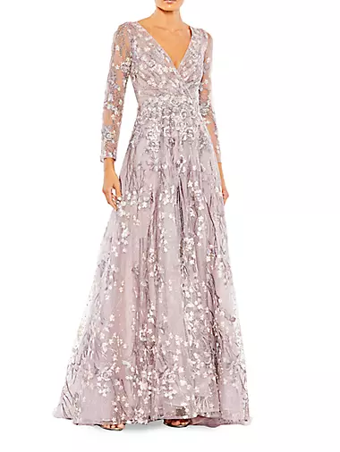Semi-Sheer Floral-Embroidered Gown