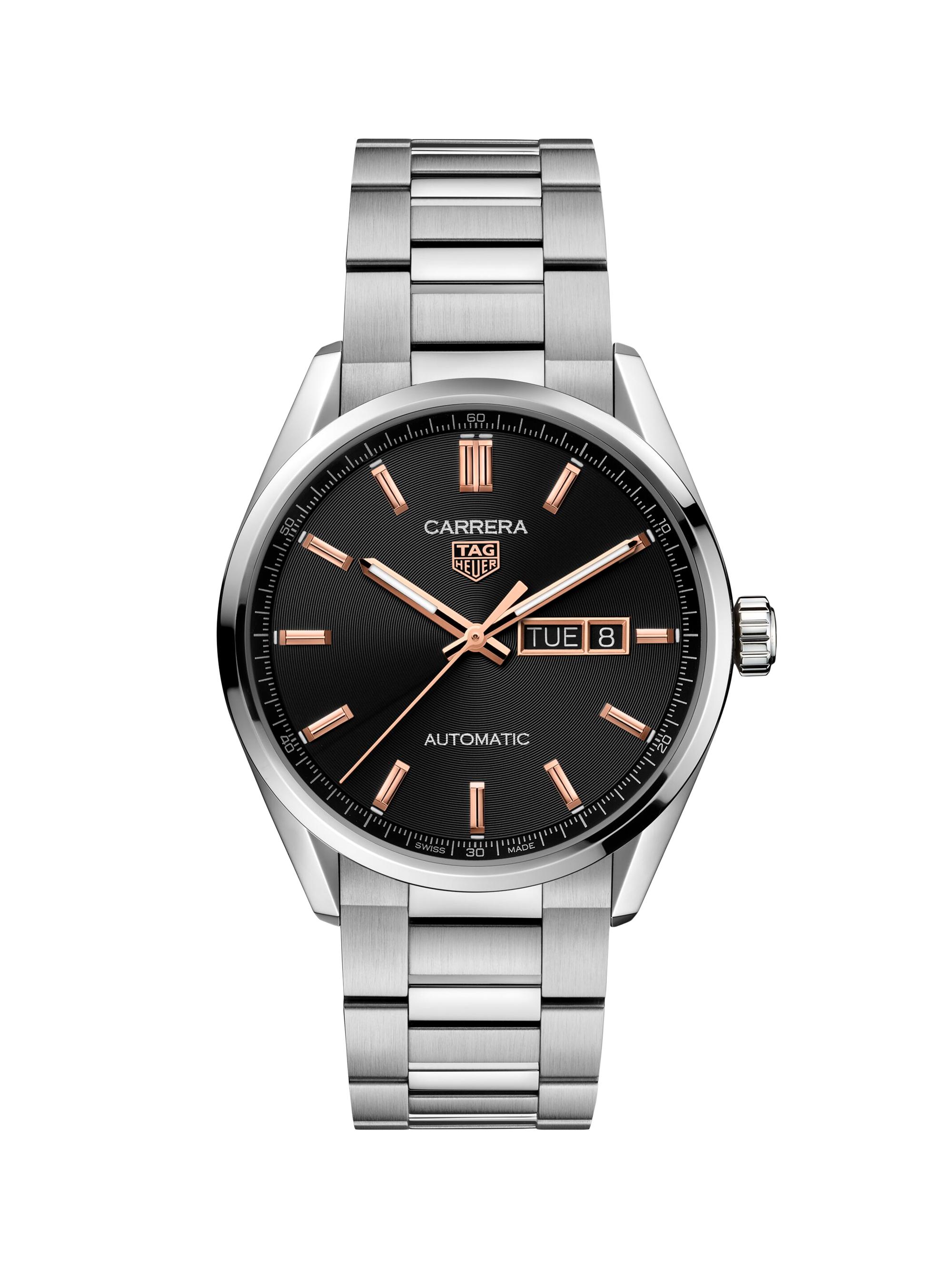 TAG Heuer Men's Carrera Stainless Steel, Black Dial & Rose Goldplated Day-Date Automatic 41MM Bracelet Watch - Silver