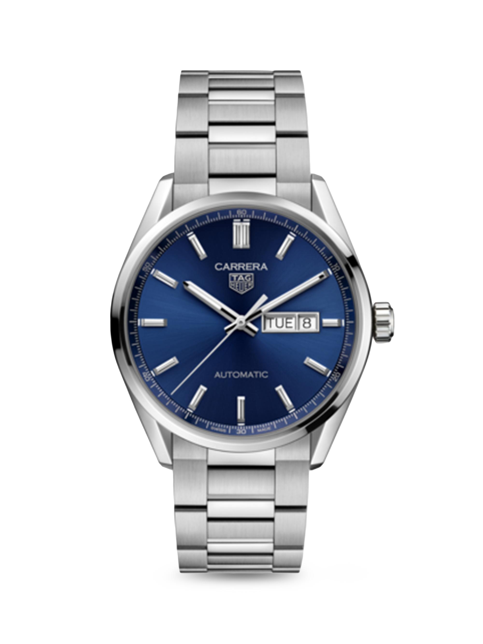 TAG Heuer Men's Carrera Stainless Steel & Blue Dial Day-Date Automatic 41MM Bracelet Watch - Silver