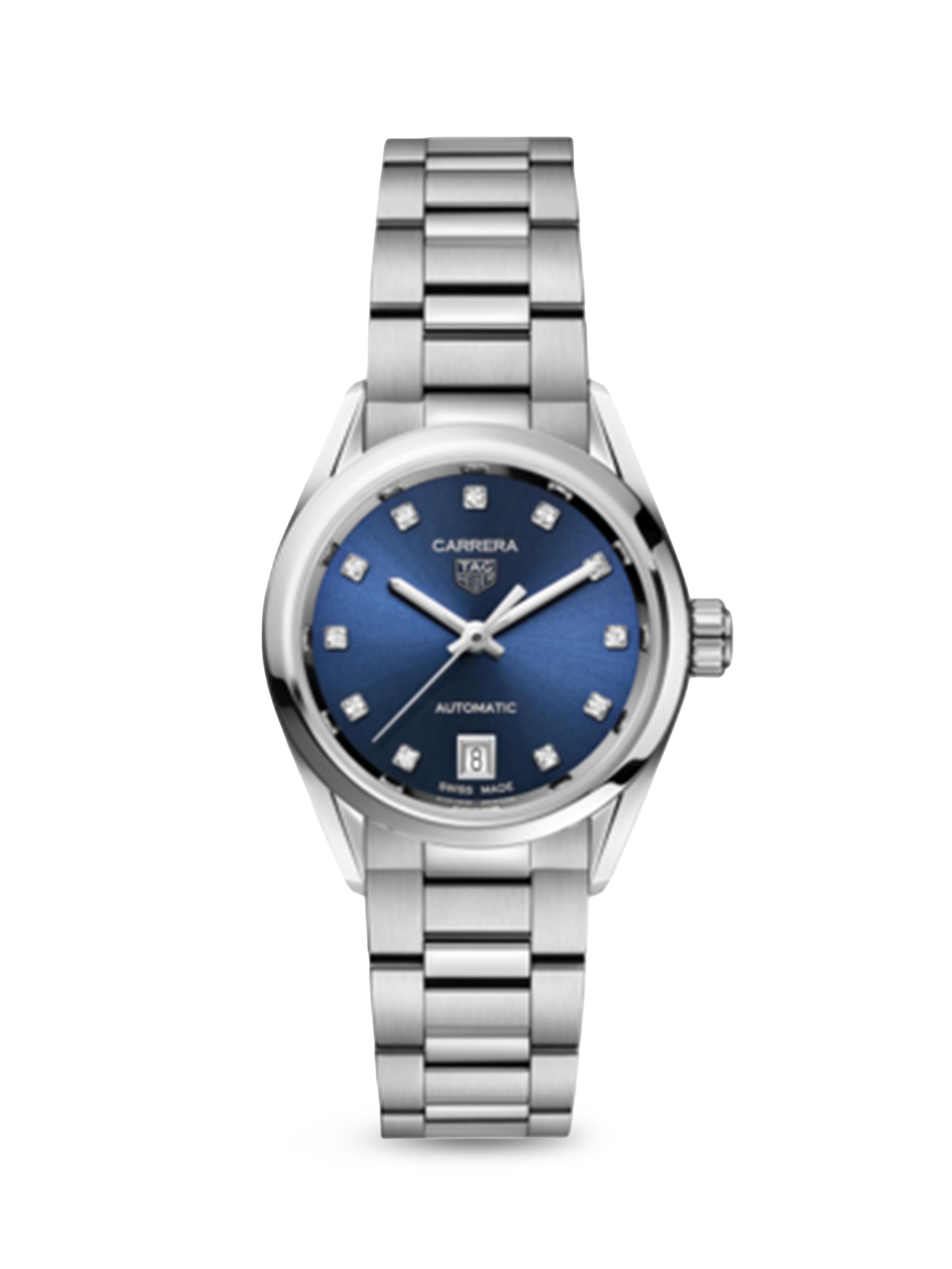 TAG Heuer Women's Carrera Stainless Steel, Blue Dial & Diamond Automatic 29MM Bracelet Watch - Silver