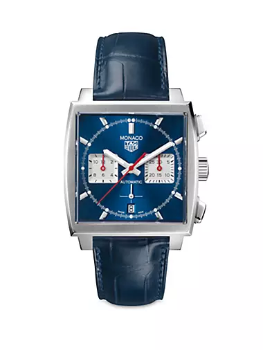 Monaco Stainless Steel & Blue Dial Chronograph 39MM Alligator-Strap Watch