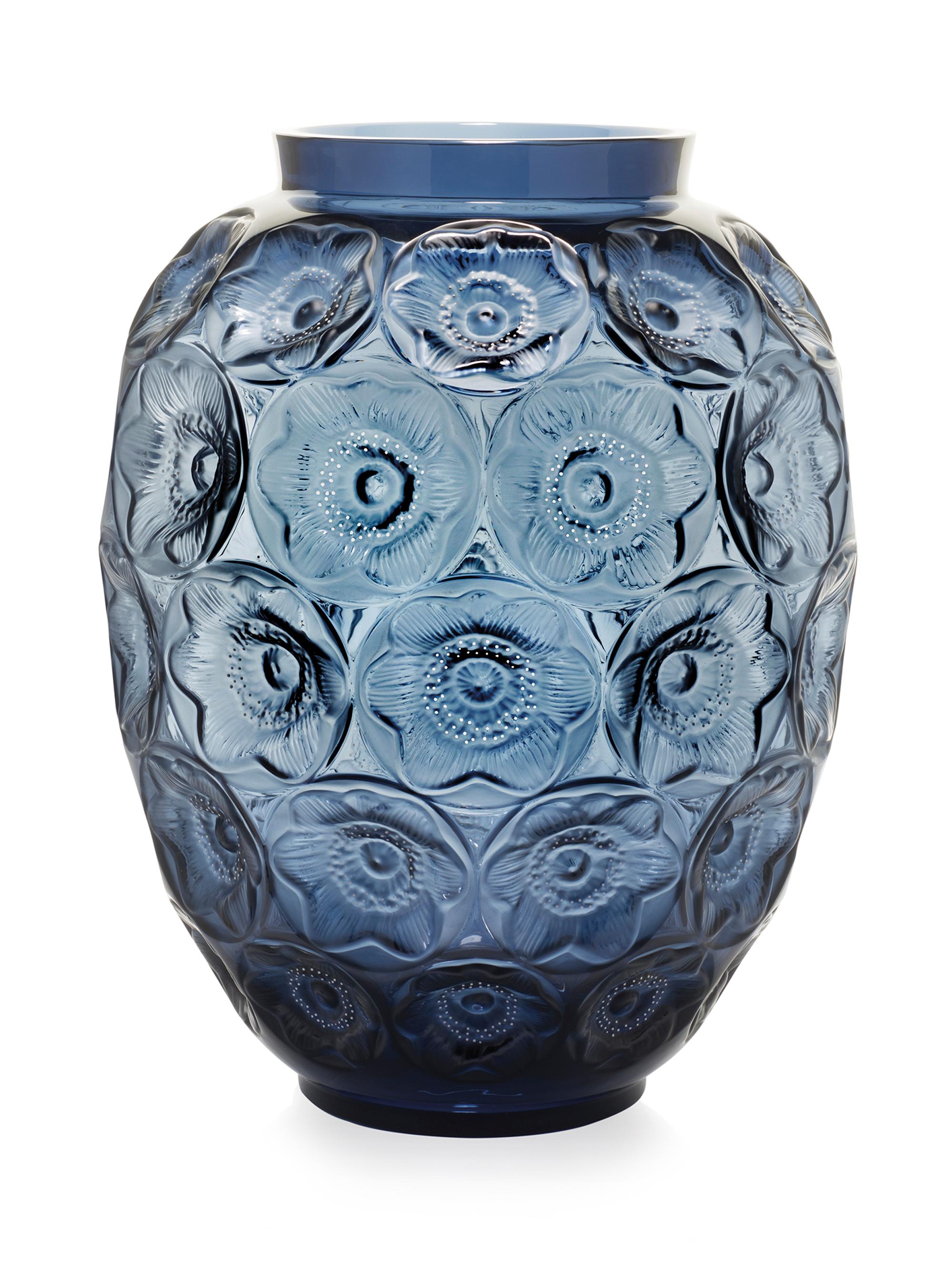 Lalique Anemone Grand Crystal Vase - Blue