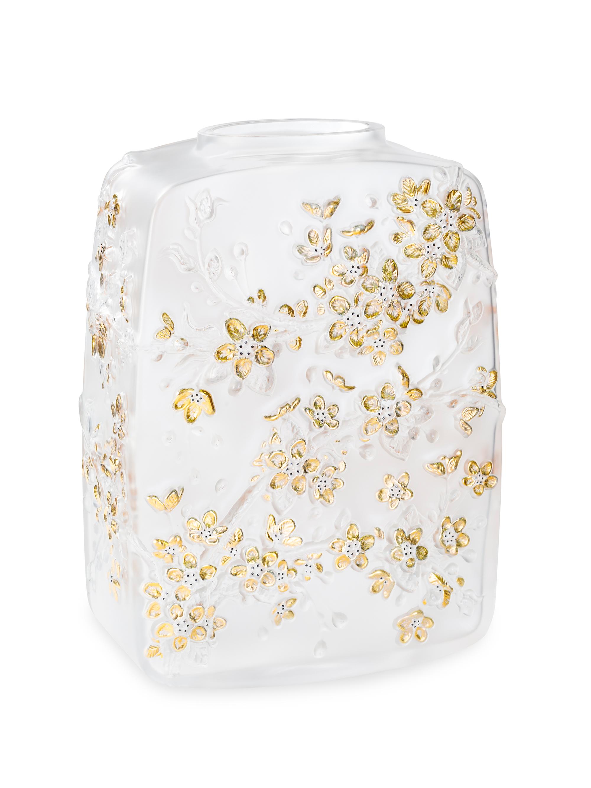 Lalique Fleurs De Cerisier Crystal Vase - Clear Gold