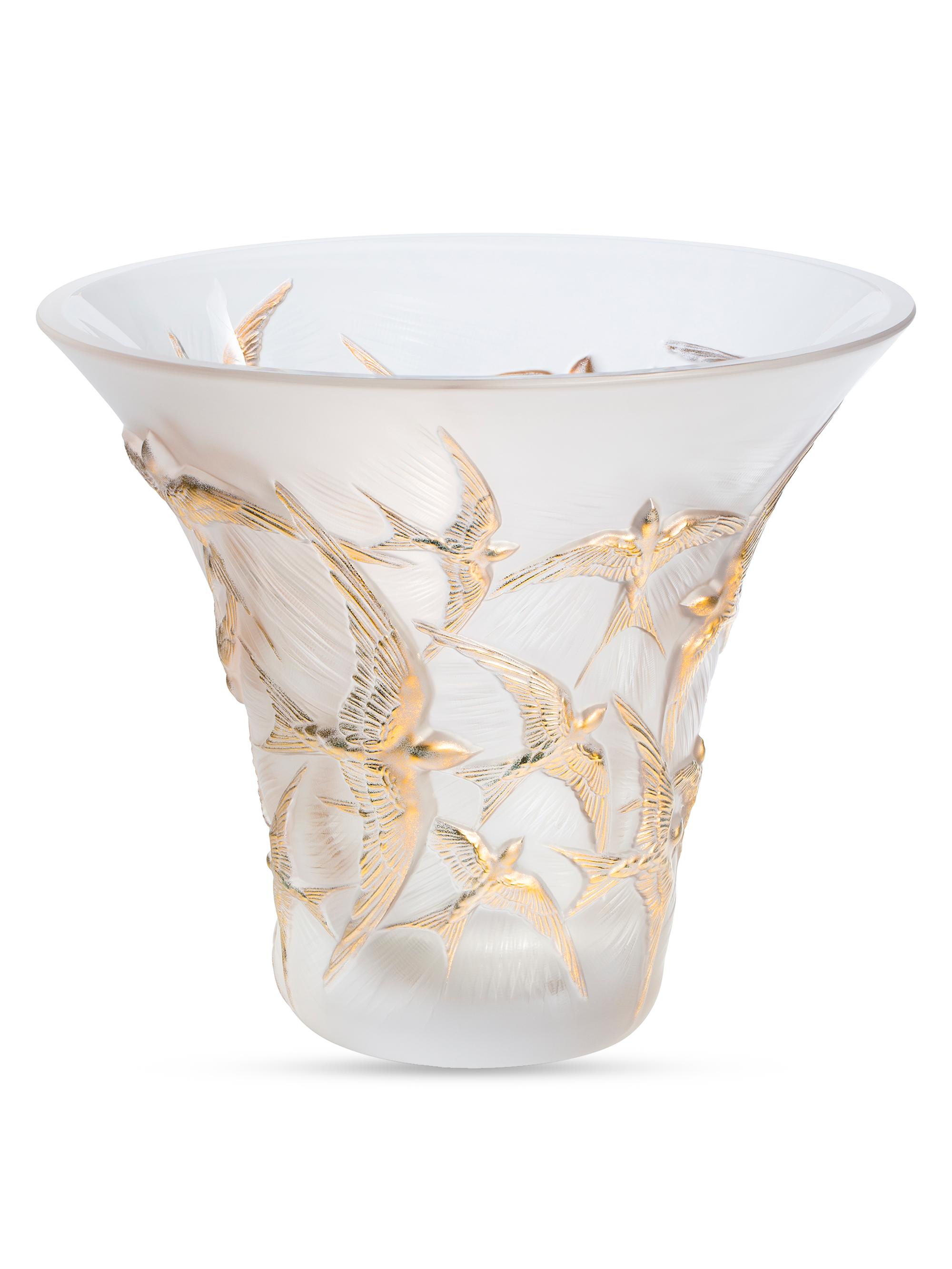 Lalique Hirondelles Flared Crystal Vase - Gold