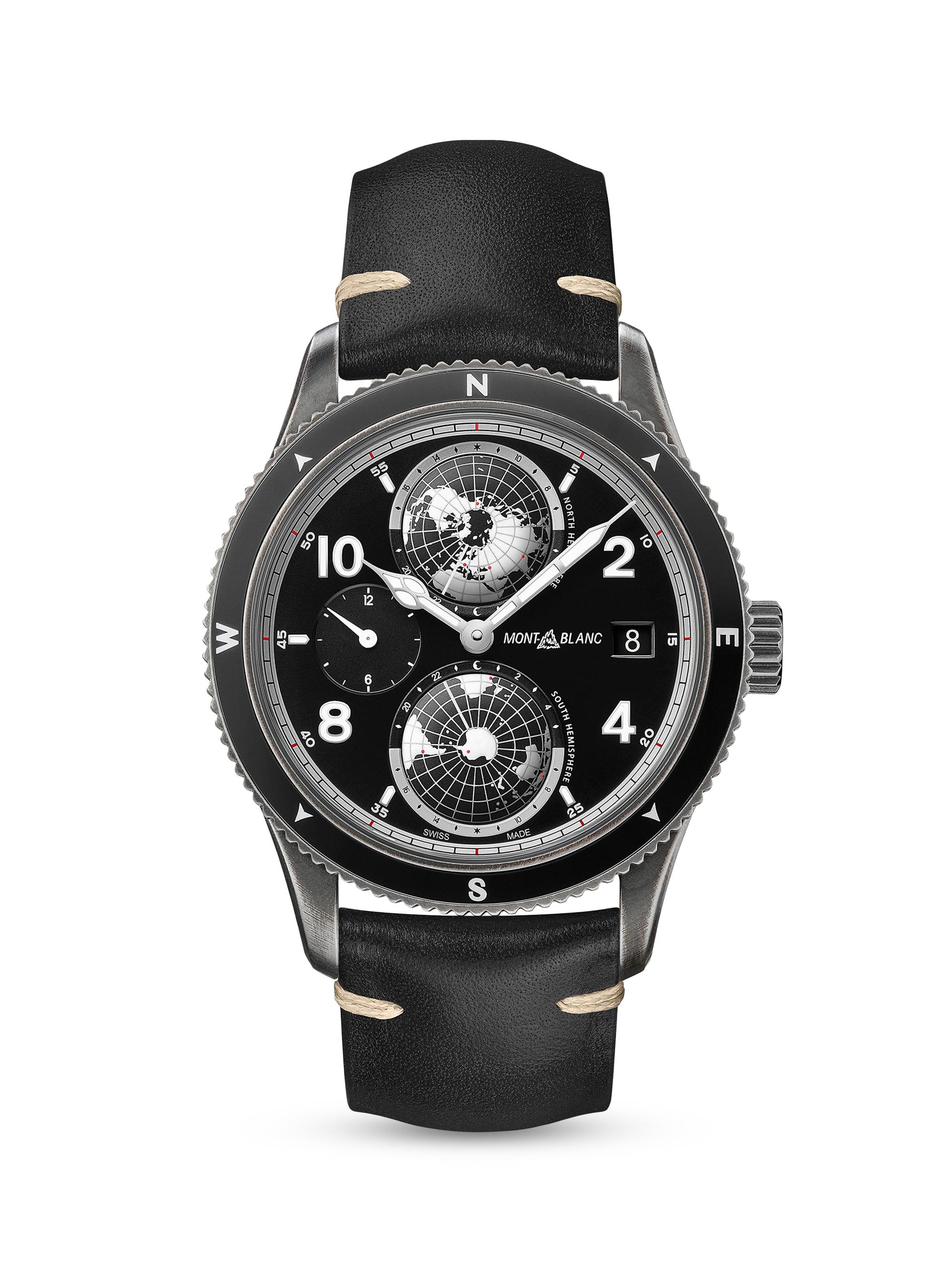 Montblanc Men's 1858 Geosphere Stainless Steel & Leather Strap Watch - Black