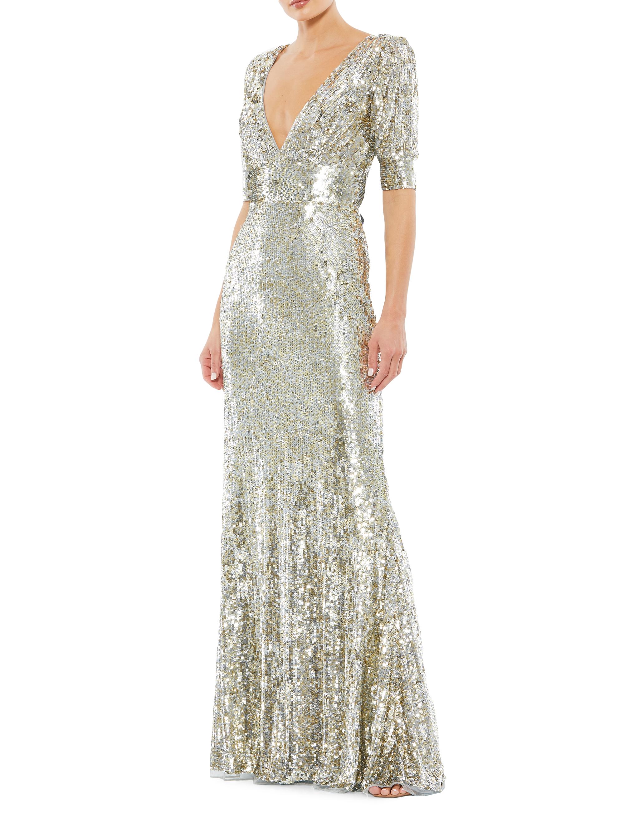 Mac Duggal Women's Sequined Half Sleeve Gown - Platinum