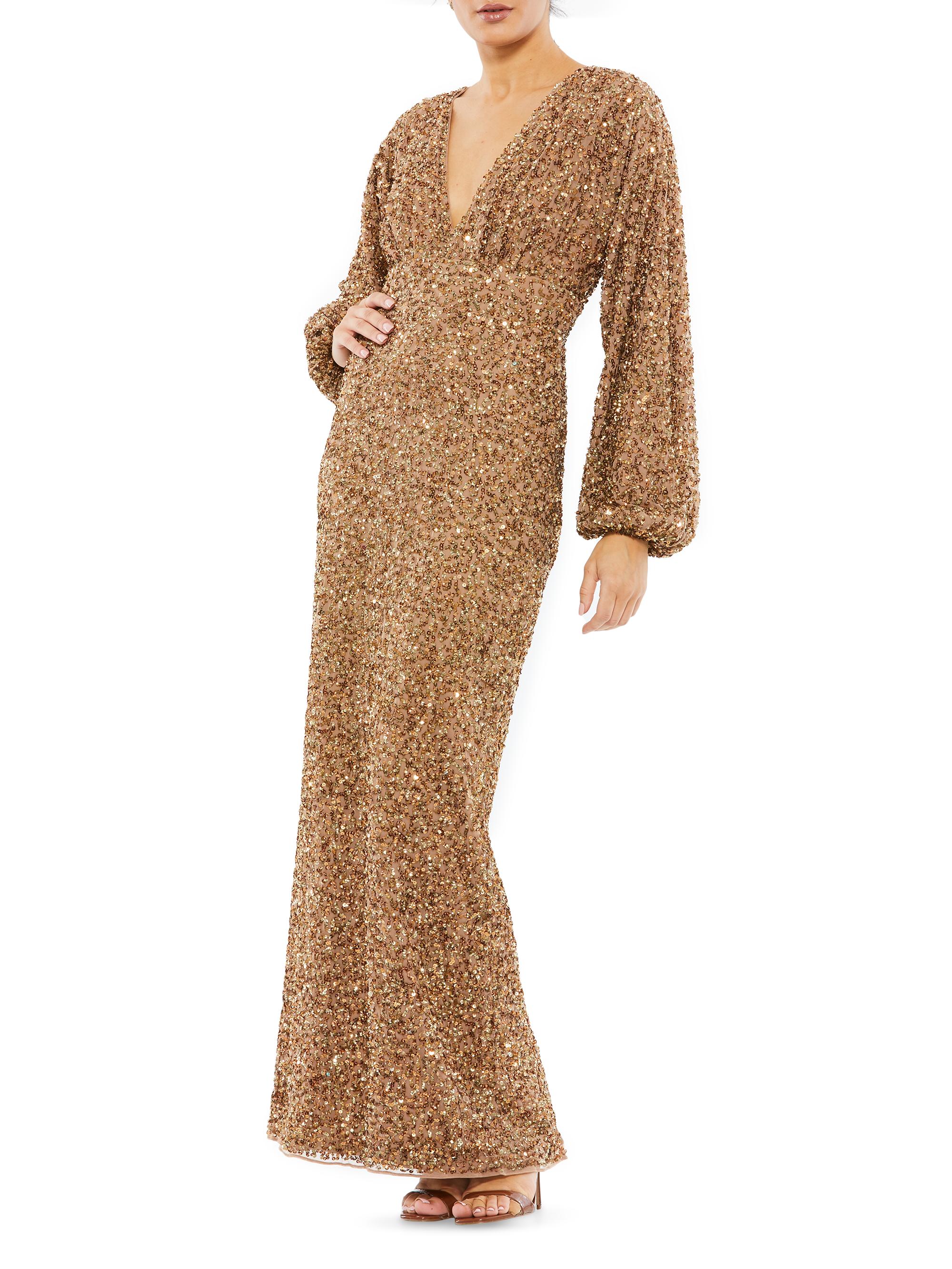 Mac Duggal Women's Sequined Bishop Sleeve Column Gown - Bronze